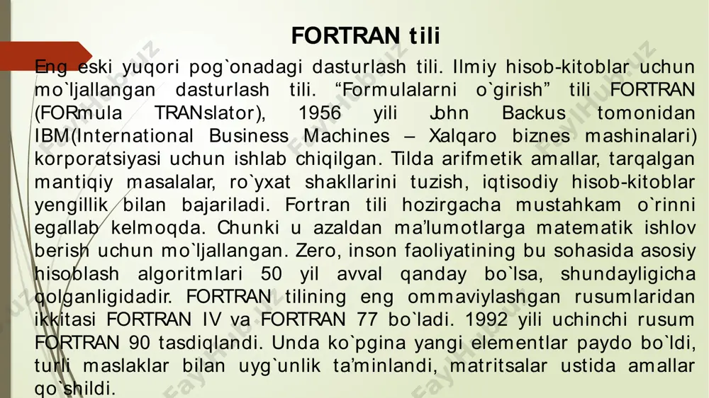 xtraction and report language bosh harflaridan olingan) til. matn fayllarini ko`rib chiqishga, ulardan axborot chiqarib olishga va choplashga mo`ljallangan. perl tili 1987 yili paydo bo`lib, avval tizimli dasturlashga mo`ljallangan edi. so`ngra uning imkoniyatlari sezilarli darajada kengaytirildi. til o`rganish uchun oson, hajmi katta emas, foydalanishda yengil va yuqori samaradorlik bilan tavsiflanadi. perl tilining sintaksisi si tilining sintaksisi bilan to`la mos keladi. perl tili ishlaydigan ma’lumotlar hajmi cheklanmagan. obyektga-yo`naltirilgan me’moriy tuzilmani quvvatlaydi. turli maslaklarda ishlay oladi. bepul tarqatiladi. perl tili cgi skriptlarni yozishda keng tarqalgan tillardan biri bo`lib qoldi. perl da yozilgan dasturlar server tomonidan ishga tushirib yuboriladi. asosan, unix-yo`naltirilgan veb-serverlarda qo`llaniladi. ma’lumotlar bazalaridan erkin foydalanishni ta’minlash, dinamik sahifachalarni yaratish uchun foydalaniladi. perl tili ixtisoslashgan (hypertext preprocessordan olingan) til. veb-sahifalar mazmunini dinamik tarzda shakllantirib skriptlarni veb-server tomonda yaratish uchun mo`ljallangan. php tili1994 yili rasmus lerdorf tomonidan ishlab chiqilgan. so`ngra, tilni ishlab chiqish ishlari boshqa mutaxassislar tomonidan davom ettirilgan. php skript (sintaksisi perl …