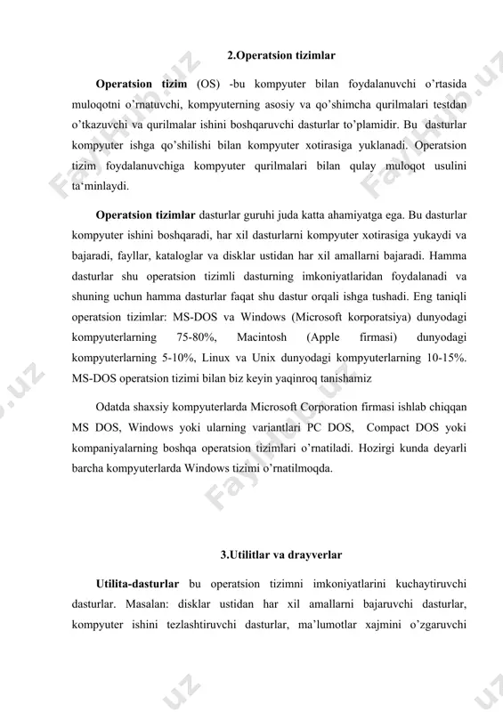 ma‘lumotlarga murojaat qilishni yengillashtirib, kompyuter ishini tezlatadi. yuqorida sanab o’tilgan dasturlarni ishlatish qulay bo’lib, dialog darchasida ҳosil bo’ladigan menyu punktlaridan mosini tanlash va ishlatishdan iboratdir. utilitlar guruxlarga birlashtirilib, ularning eng ko’p ishlatiladiganlari norton utilities, pc tools deluxe, mace utilities lar bo’lib hisoblanadi. utilitlarni quyidagi tartibda guruxlarga bo’lib chiqish mumkin: • siqadigan dasturlar maxsus usullarni qo’llagan xolda ma‘lumotlarni siqilgan xolda joylashtirib, ularning arxiv nusxalarini xosil qilishga yordam beradilar. masalan, pkzip, pkunzip va arj dasturlari bo’larga misol bo’la oladi. • disklardagi ma‘lumotlarning rezerv nusxalarini hosil qiladigan dasturlar qattiq u 1076 diskka yozilgan ma‘lumotlarni tezlik bilan disketlarga yoki strimmerlarga nusxalash uchun yordam beradilar. masalan, norton backup, fast back plus. • antivirus dasturlari, ular xilma-xil turdagi viruslarga qarshi samarali ko’rashish uchun xizmat qiladilar • kommuniktsion dasturlar kompyuterlararo ma‘lumotlarni almashinish uchun ishlatiladilar. masalan, brooklin bridge, desklinq laplinq fast link. telemate, procomm, dataline dasturlari kompyuterlarning telefon kanallari orqali muloqot qilinishiga yordam bersa, winfax pro, bit fax, …
