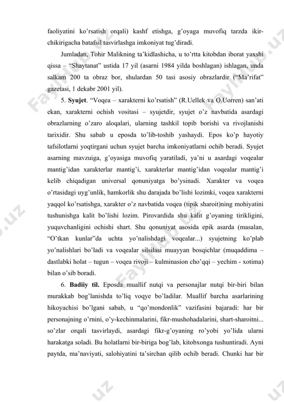 ni... so’zlar orqali tasvirlaydi, asardagi fikr-g’oyaning ro’yobi yo’lida ularni harakatga soladi. bu holatlarni bir-biriga bog’lab, kitobxonga tushuntiradi. ayni paytda, ma’naviyati, salohiyatini ta’sirchan qilib ochib beradi. chunki har bir odamning nutqida uning bo’yi-basti (ruhiy kayfiyati, his-tuyg’ulari ham) aks etadi, shuning uchun ham so’z-xarakter ko’zgusi sanaladi”. lirika v.g.belinskiy yozganidek, “lirik asarning mazmuni ob’ektiv voqeaning taraqqiyoti emas, uning mazmuni - subyektning o’zi va u orqali o’tgan hamma narsadir... kishini mashg’ul etgan, to’lqinlantirgan, shodlatgan, qayg’uga solgan, zavqlantirgan, tinchitgan, hayajonlantirgan nima bo’lsa, qisqasi, subyektning ma’naviy hayotini tashkil qilgan hamma narsa, subyekt ichiga nima kirsa, unda nima paydo bo’lsa, shularning barchasini lirika o’zining qonuniy boyligi kabi qabul qiladi” (tanlangan asarlar, 184-bet). demak, lirikaning bosh xislati shoir qalbida yuz beradigan kechinma, shu kechinma uyg’otgan tuyg’ularni so’z orqali voqye qilish san’atidir. 1. muallifning hayotga munosabati nuqtai-nazaridan. san’atkor “o’z shaxsini o’zgartirmasdan, o’z-o’zligicha qoladi”(aristotel). “bunda poeziya ichki dunyo elementida, sezuvchi va fikrlovchi xayol doirasida qoladi; bunda ruh tashqi reallikdan o’tib, …