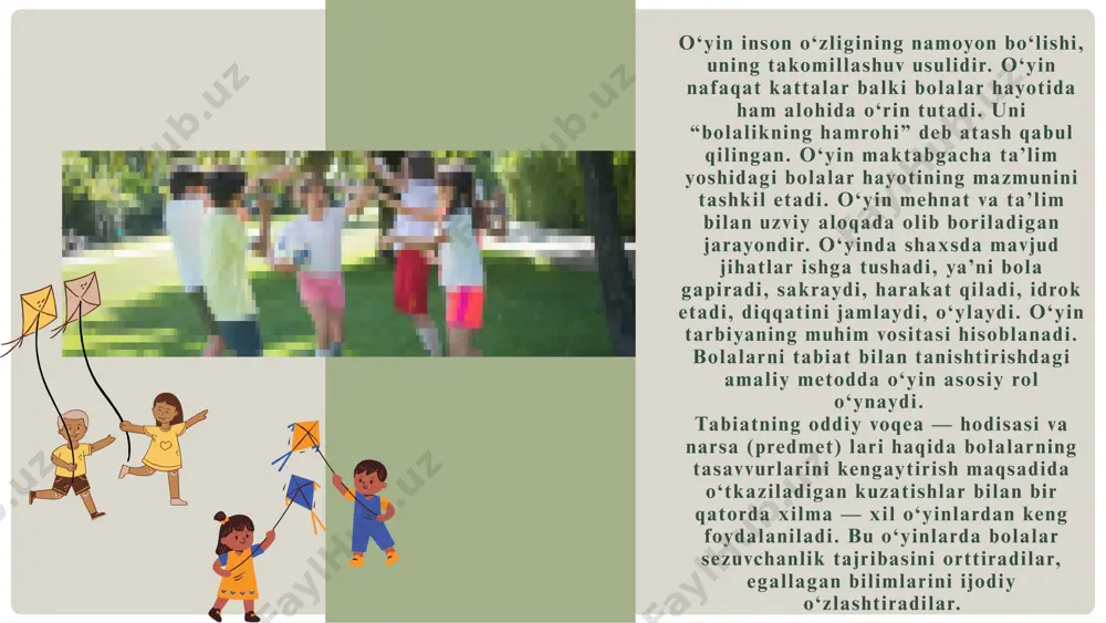htirish metodikasi. toshkent 2019. hasanboyeva o., jabborova x., nodirova z., tabiat bilan tanishtirish metodikasi. “cho‘lpon” nmiu 2016. alimova g. bolalar psixologiyasi va uni o‘qitish metodikasi. “o‘zbekiston yozuvchilar uyushmasi adabiyot jamg‘armasi” nashriyoti. 2006. 12 e’tiboringiz uchun rahmat! image2.png image3.png image4.png image4.svg image5.png image6.png image7.jpeg image8.png image9.jpg image10.jpg image11.png image12.png image11.svg image13.png image13.svg image14.png image15.png image16.png image17.svg image17.png image18.png image19.png image20.png image21.png image22.png image23.png image24.png image25.png image26.png image27.png image28.jpeg image29.png image30.png image39.svg image35.png image41.svg image36.png image43.svg image31.png image33.svg image32.png image35.svg image33.png image37.svg image34.png /docprops/thumbnail.jpeg