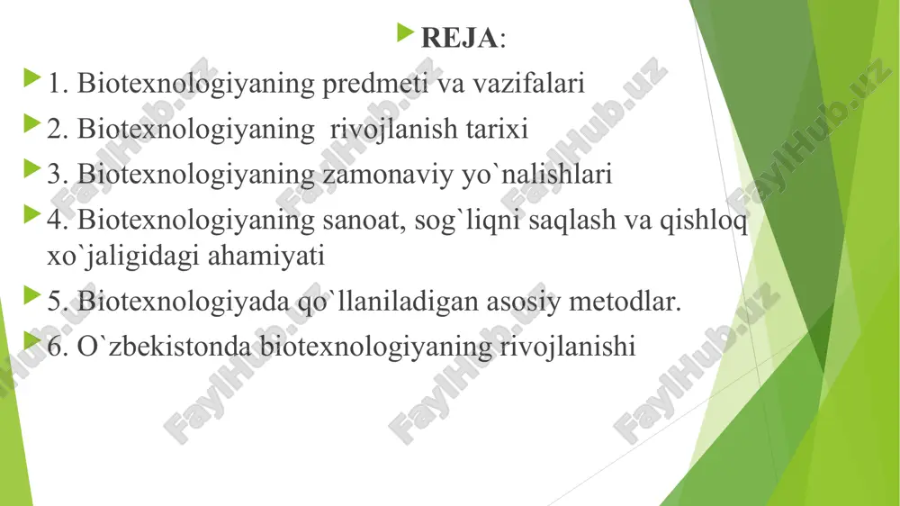 hiy chiqindilaridan kelgusida foydalanish mumkin bo`lgan mahsulot olish uchun qayta ishlashning yangi texnologiyalarini yaratish va ularni amalda qo`llashdir. sana voqealar 1917 karl ereki «biotexnologiya” terminini kiritgan 1943 sanoat miqyosida penitsillin ishlab chiqarilgan 1944 everi, mak leod va mak kartilar genetik material dnkdan tuzilganligini ko`rsatib berishgan 1953 uotson va krik dnk molekulasining tuzilishini aniqlashgan 1961 “biotexnologiya va bioinjeneriya” jurnali ta’sis etilgan 1961-1966 genetik kod 1970 birinchi restriktsion endonukleaza ajratib olingan 1972 to`liq hajmli rnk geni sintez qilingan 1972 rekombinant dnk texnologiyasiga asos solingan 1975 monoklonal antitela olingan 1976 rekombinant dnkni olish bo`yicha yo`riqnoma ishlangan 1976 dnkning nukleotid ketma-ketligini aniqlash metodi ishlab chiqilgan 1978 e.coli yordamida inson insulini ishlab chiqilgan 1982 rekombinant dnk texnologiyasi bo`yicha olingan 1 vaksinani hayvonlarda qo`llashga ruxsat berilgan 1983 gibrid ti–plazmidadan foydalanib o`simliklar transformatsiyalangan 1988 polimerazaning zanjir reaktsiyasi metodi yaratilgan 1990 insonning somatik hujayrasidan foydalanib gen terapiyasi sinash rejasi tasdiqlandi 1990 “inson genomi” loyihasi bo`yicha ishlar boshlandi 1994-1995 …