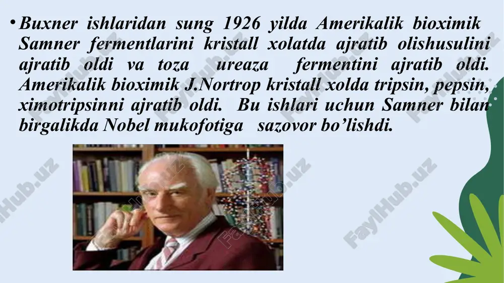 lar kiradi va yirik molekulalar esa kirmaydi. bu usul gellarning aynan shu xususiyatiga asoslangandir. ba’zi fermentlar va ularning qo‘llanilish sohalari ferment qo‘llanilishi α-amilaza pivo, spirt ishlab chiqarishda aminoatsilaza l-aminokislota olishda bromelain go‘shtni yumshatish, sharbatlarni tiniqlashtirishda katalaza tayyor oziq mahsulotlari uchun antioksidant sifatida sellyulaza spirt va glukoza olishda fitsin go‘shtni yumshatish, sharbatlarni tiniqlashtirishda glukoamilaza pivo, spirt ishlab chiqarishda glukozoizomeraza tarkibida fruktoza miqdori ko‘p bo‘lgan sharbatlar tayyorlashda glukozooksidaza tayyor oziq mahsulotlari uchun antioksidant sifatida invertaza saxaroza inversiyasida laktaza laktoza gidrolizida lipaza pishloq tayyorlash, aromatizatorlar olishda papain go‘shtni yumshatish, sharbatlarni tiniqlashtirish pektinaza spirt olishda, sharbatlarni tiniqlashtirishda proteaza spirt olishda, detergent sifatida renin pishloq tayyorlashda ligaza restriktaza teskari transkriptaza ecor1 dnk polimeraza rnk polimeraza nukleaza izomeraza foydalaniladigan adabiyotlar 1. glik b., pasternak dj. molekulyarnaya biotexnologiya: printsipi i prilojeniya. m.: mir. 2002 2. sasson a. biotexnologiya: sversheniya i nadejdi, m.:mir. 1987 3. ovchinnikov yu.a. bioorganicheskaya ximiya. m.: prosveshenie. 1987. 4. alberts. kletka molekulyarnoy biologii. m.: …
