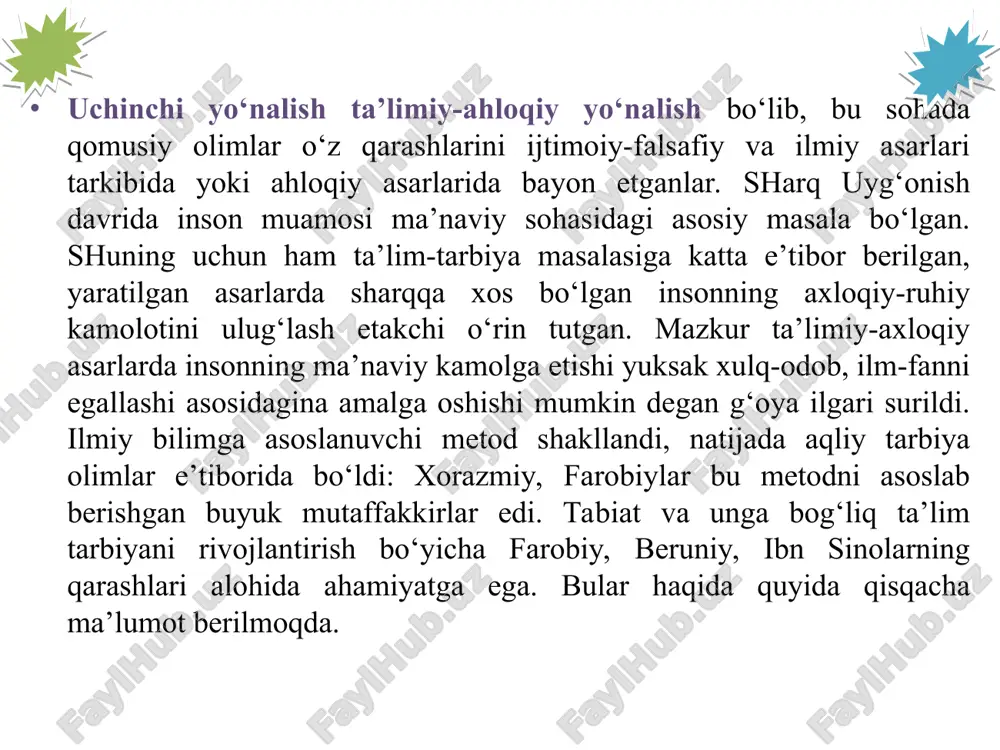 lish zarurligini ta’kidlaydi: bolaga bilim berishda birdaniga kitobga band qilib qo‘ymaslik; ta’limda yengildan og‘irga borish orqali bilim berish: o‘qitishda jamoa bo‘lib maktabda o‘qitishga e’tibor berish; bilim berishda bolalarning qiziqishi va qobiliyatini hisobga olish; o‘qitishni jismoniy mashqlar bilan qo‘shib olib borish; ibn sino o‘qituvchining qanday bo‘lishi kerakligi to‘g‘risida qator fikrlarni bayon etadi. ular quyidagilardir: bolalar bilan muomulada bosiq, jiddiy bo‘lish; berilayotgan bilimni talabalar qanday o‘zlashtirib olayotganiga e’tibor berish; ta’limda turli metod va shakllardan foydalanish; talabaning xotirasi, bilimlarini egallash qobiliyati, shaxsiy xususiyatlarini bilishi; fanga qiziqtira olish; berilayotgan bilimlarni eng muhimlarini ajratib bera olish; bilimlarni talablarga tushunarli, uning yoshi, aqliy darajasiga mos ravishda berish; har bir so‘zning bolalar xissiyotini uyg‘otish darajasida bo‘lishiga erishish zarur, deydi olim. “jadid” so‘zi arabcha so‘z bo‘lib, “yangi”, “jadidchilik” esa yangilik tarafdorlari degan ma’noni bildiradi. xix asr oxiri – xx asrning boshlarida turkistonda chor mustamlakachiligining kuchayishi natijasida o‘lkada jadidchilik xarakatining vujudga kelishiga sabab bo‘ldi. jadidlar misr, turkiya, kavkaz, turkiston …