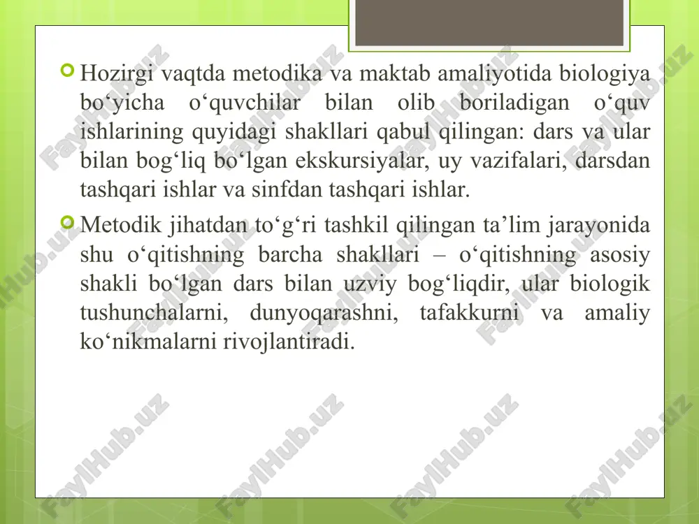 ilgan mavzuli rejaning “poya” bobi qismi namuna sifatida tavsiya etiladi, shuni ta’kidlash zarurki, o‘quv dasturi bo‘yicha mazkur bob 18-darsdan boshlanib, 24-dars bilan tugallanadi. dars № darsning mavzusi, asosiy tushunchalar foydalaniladigan texnolo­giya ko‘rgazma vositalari darsdan tashqari ishlar musta­qil ish 18 poya. novda.(mor­fo­logik tushunchalar) modulli ta’lim texnolo­giyasi yovvoyi, madaniy o‘simliklar ger. vegetativ va generativ novdalar jad. daraxt, o‘t o‘simliklar poyasini taqqoslash 19 kurtak (anato­mik, morfologik, ekologik, genetik tushunchalar) xamkor­likda o‘qitish texnolo­giyasi kurtakli novdalar, gerbariy va jadvallar vegetativ, generativ, uchki va yon novdalarni taqqoslash 20 poyalarning xilma-xilligi (morfologik, anatomik tushunchalar) xamkorlikda o‘qitish texnolo­giyasi poyalarning xilma-xilligi aks etgan gerbariy va jadvallar o‘simlik poyasining xili, shakli o‘zgargan novdalarni aniqlash. 21 poyaning ichki tuzilishi (anato­mik, sitologik, ekologik tushunchalar) an’ana-viy ta’lim texnolo­giyasi yog‘och poyaning ichki tuzilishi jad. “poyaning tuzilishi” o‘quv filmi darslikda berilgan topshiriqlar ni bajarish 22 poyaning bo‘yicha o‘sishi. (anato­mik,morfologik, ekologik, sitologik tushunchalar) an’ana-viy ta’lim texnolo­giyasi xona o‘simliklari, gerbariy va jadvallar poyaning uchki va yon o‘sish …
