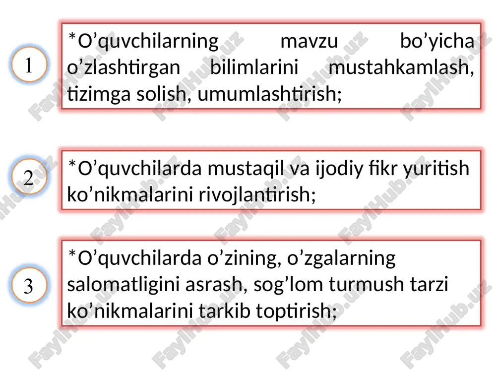 odam va uning salomatligi bo‘yicha foydalaniladigan masala va mashqlar yechish davomida o‘quvchilar quyidagi bilimlami egallagan bo‘lishlari lozim: - hujayraning tuzilish xususiyatlarini va hayot faoliyatining asosiy jarayonlarini; - to‘qimalar, organlar, organlar sistemasining tuzilishi xususiyatlarini va funksiyalarini, organlar sistemasini nerv va gumoral boshqarilishini; - odam va hayvonlar organizmining tuzilishi va funksiyalaridagi o‘xshashlik va farqlarini; - odam organizmining mehnat faoliyati, tik yurish va ijtimoiy yashash tarzi bilan bogiiq bo‘lgan xususiyatlarini; - organizm ichki muhitining nisbiy doimiyligini, immunitet, issiqlikning boshqarilishi, moddalar almashinuvi, plastik va energetik almashinuvining o‘zaro bogliqligini, ratsional ovqatlanishni; - sun’iy nafas oldirish usullarini, shikastlanganda birinchi yordam ko‘rsatishni, odam qad-qomatini aniqlash usullarini; - odam organizmining rivojianishi; - jismoniy mashqlarning organizmga ta’sirini; sog‘liqni saqlovchi va unga salbiy ta’sir ko‘rsatuvchi omillarga bog‘liq masala va mashqlarni bajarishni. odam va uning salomatligi fanini o‘sitishda masala va mashqlardan foydalanishdagi fanlararo bog‘lanishlar o‘quvchilarga ta’lim berish jarayonida fanlararo bog'lanish asosiy o‘rinda turadi. chunki har bir hodisani ilmiy jihatdan asoslash unga …