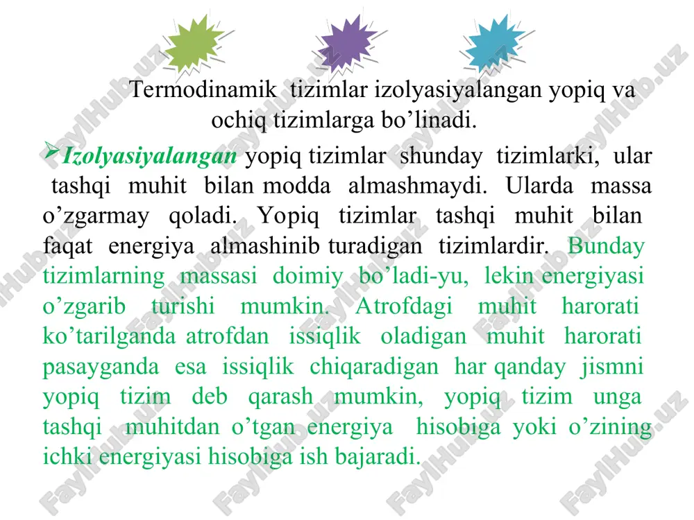 auzius ta’rifi: issiqlik o’z-o’zidan harorati past jismdan harorati yuqori bo’lgan jismga o’ta olmaydi. 2.tomson tarifi: ikkinchi tur abadiy divigatel bo’lishi mumkin emas yani bir jismning sovishi hisobiga issiqlikning ishga aylanishi mumkin bo’lgan yagona davriy jarayon bo’lishi mumkin emas. entropiyaning ehtimolli xarakteri. entropiya sistemaning makroskopik darajadagi betartibligigina emas, molekulyar massasining ham o’lchovidir. n.bonsmal har qanday mak­roskopik holat entropiyasi s, o’sha holat joriy etilishining ehtimolligi bilan bog’liq deb faraz qiladi. bitta makroholat ko’p sonni makroholatlar evaziga amalga oshadi. aynan o’sha son (w) - termodinamik ehtimollik deb ataladi. (u matematik ehtimollikdan farqlanib, butun va katta sonlar bilan ifodalanadi) entropiya bilan termodi­namik ehtimollik o’rtasidagi aloqa formula quyidagi s=kln w orqali ifodalanib, bu yerda k-bonsman doimiysi (k=1,3806x10 -23 dj/k). muvozanatga yaqin jarayonlar termodinamikasining ba’zi parametrlarga bog’liqligi. klassik termodinamikaning vaqt omilini chetlab o’tadi, chunki vaqt cheksizlikka intiladi. ammo, tirik organizmda kechadigan barcha jarayonlar tezligi o’zaro kuchli darajada farqlanadi. masalan, dif­fuziya glikoliz yoki nerv (muskul) qo’zg’alishiga nisbatan …