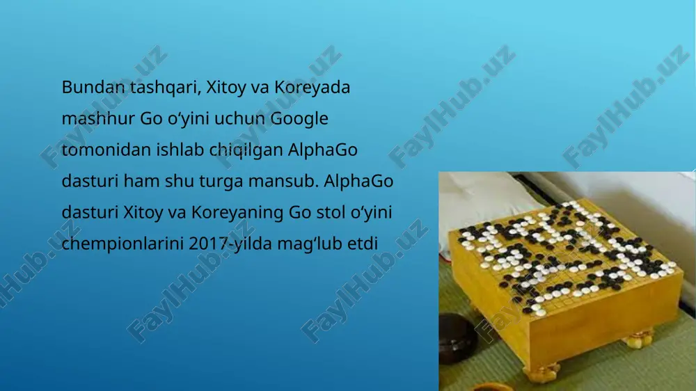 sh bilan shug‘ullanuvchi tarmog‘i hisoblanadi. robotlar konstruksiyasi, ya’ni ular qismlarini harakatga keltirish va ularga muayyan vazifalarni yuklash sun’iy intellekt orqali amalga oshiriladi. bugungi kunda robotlar ofitsiant, oshpaz, uchuvchi, hatto yaqin sirdosh vazifalarini bajara oladi. bulaniq mantiq aniq bilim yoki ko‘rsatma bo‘lmagan vaqtda inson kabi mulohaza yuritib, ma’lum bir masalani hal etuvchi sun’iy intellekt tarmog‘i hisoblanadi. uning ishlash prinsipi cheklangan bilimga asoslangan holda ma’lum bir vazifalarni bajarishga yo‘naltirilgan. bulaniq mantiq tibbiyot sohasida qaror qabul qilishni o‘z ichiga olgan murakkab muammolarni hal qilishda ishlatiladi. ular, shuningdek, avtomat uzatmalar qutisi, avtotransport muhitini boshqarish va hokazolarda qo‘llaniladi. ekspert tizimi – sun’iy intellektga asoslangan holda ma’lum bir soha mutaxassisi qobiliyatlarini o‘zida mujassamlashtirgan kompyuter dasturi. ekspert tizimi murakkab masalalarni hal qilishda if-then (agar, u holda) mantiqiy belgilaridan foydalanadi. ekspert tizimlari, asosan, katta hajmdagi axborotlarni boshqarish, tibbiyot muassasalarida davolash jarayonlarini tahlil qilish, kreditlarni tahlil qilish, virusni aniqlash va boshqalarda qo‘llaniladi. image1.jpeg image2.jpeg image3.png image4.png image5.png image6.png image7.png …