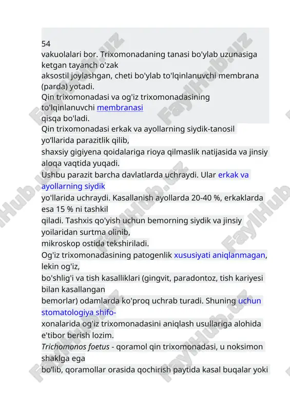 lamblia intestinalis qoʻzgʻatadi. lyambliyalarning harakatchan (vegetativ) va harakatlanmaydigan (sista) shakllari bor. kasallik manbai lyambliyalar bilan zararlangan kishi hisoblanadi. lyambliyalar sogʻlom odamning meʼda-ichak yoʻliga tushib, ingichka ichakda koʻpayadi va uning shilliq pardasini zararlaydi. ular ingichka ichakdan yoʻgʻon ichakka oʻtib (bu yer ular uchun noqulay sharoit hisoblanadi), oʻz harakatini yoʻqotadi va sistalarga aylanadi. ular najas bilan tashqariga chiqadi. lyambliya sistalari tashqi muhitda yaxshi saqlanadi. kasallik lyambliya tushgan ovqat (ayniqsa, meva va sabzavotlar) isteʼmol qilinganda va suv ichilganda, shuningdek, kir qoʻl va roʻzgʻor buyumlari orqali yuqadi. ichak balantidiyasi – balantidium coli odam va cho‘chqalarning ingichka va yug‘on ichaklarida hayot kechirishga moslashgan parazitdir. tanalarining kattaligi 30- 150 mikronga etadi. balantidiya o‘z faolyatida ichakning devorini emiradi va qonli ichburug‘ kasalligiga sabab bo‘ladi. balantidiya odam va hayvonlarning axlatidagi bakteriyalar bilan bir qatorda eritrotsitlar va leykotsitlar bilan ham oziqlanadi. tanasi oval shaklida. gavdaning oldingi qismida sitostoma va sitoforinksi joylashgan. tanasi sirtqi tomondan bir xil uzunlikdagi kiprikchalar bilan …