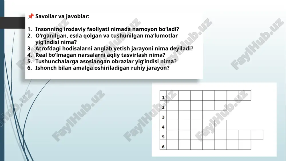 orqali ham xayolni faollashtirish mumkin. 18-slayd: xayol buzilishlari ba’zida xayol jarayonida psixologik buzilishlar yuz beradi. bu holatlar deluziya, halüsinatsiya kabi ruhiy muammolar shaklida ko‘rinadi. bunday xayol real haqiqatga mos kelmaydi va inson hayotiga salbiy ta’sir ko‘rsatadi. psixiatriyada bunday holatlar tibbiy aralashuvni talab qiladi. 19-slayd: xayol va zamonaviy texnologiyalar texnologiyalar — ayniqsa virtual reallik (vr) va sun’iy intellekt (ai) — xayolni kengaytirishda yangi imkoniyatlar yaratdi. inson o‘z xayolining mahsulini digital muhitda modellashtirishi mumkin. zamonaviy texnologiyalar orqali xayol yanada interaktiv shaklga o‘tayapti. xulosa xayol — inson psixikasining eng muhim jihatlaridan biri bo‘lib, u tafakkur, ijod, rejalashtirish va orzular bilan chambarchas bog‘liq. xayol yordamida inson o‘z hayotini boyitadi, kelajakni tasavvur qiladi va uni yaratadi. shaxsiy, ijtimoiy va madaniy taraqqiyotda xayolning o‘rni beqiyosdir. insonning irodaviy faoliyati nimada namoyon bo‘ladi? ➤ javob: ixtiyor o‘rganilgan, esda qolgan va tushunilgan ma’lumotlar yig‘indisi nima? ➤ javob: bilim atrofdagi hodisalarni anglab yetish jarayoni nima deyiladi? ➤ javob: ong real …
