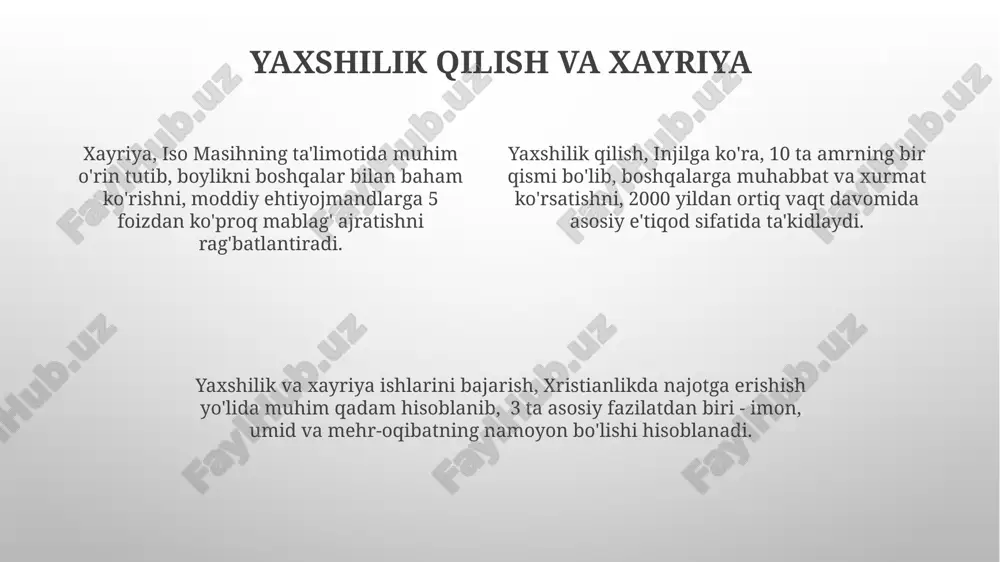 llab-quvvatlashga urg'u beradi. oila va nikohda xristianlik 7 ta sakramentdan biri hisoblanadi, bu esa muqaddas ittifoqni va xudoning inoyatini ramziy ma'noda aks ettiradi. xudoning uchlik mohiyati uchlik tushunchasi monoteizm printsipi bilan uzviy bog'liq bo'lib, bir xudoning uchta shaxsiy mavjudligi ekanligini ta'kidlaydi, bu esa ikki yoki undan ortiq xudolarning mavjudligini rad etadi. muqaddas uchlik – ota, o'g'il (iso masih) va muqaddas ruhning bir xudolikdagi uch shaxsiy ifodasidir, bu inson ongiga tushunarsiz bo'lsa-da, xristian ilohiyoti asosi hisoblanadi. uchlik ta'limoti injilning turli qismlarida, xususan, matto 28:19 va yuhanno 14:16-17 oyatlarida 3 shaxsning bir xudo ekanligi haqidagi tasavvurini ifoda etadi. jamoat hayoti va xizmat “jamoat hayoti va xizmat” dasturi, taxminan 12 ta darslikdan iborat bo‘lib, har bir darslik muqaddas kitob oyatlari va amaliy maslahatlarga asoslangan. “jamoat hayoti va xizmat”da 7 ta asosiy amaliy yo‘nalish mavjud bo‘lib, ular jamoat a’zolarining ma’naviy o‘sishida muhim rol o‘ynaydi. jamoat ichidagi 50 dan ortiq ko‘ngillilar “jamoat hayoti va xizmat” …