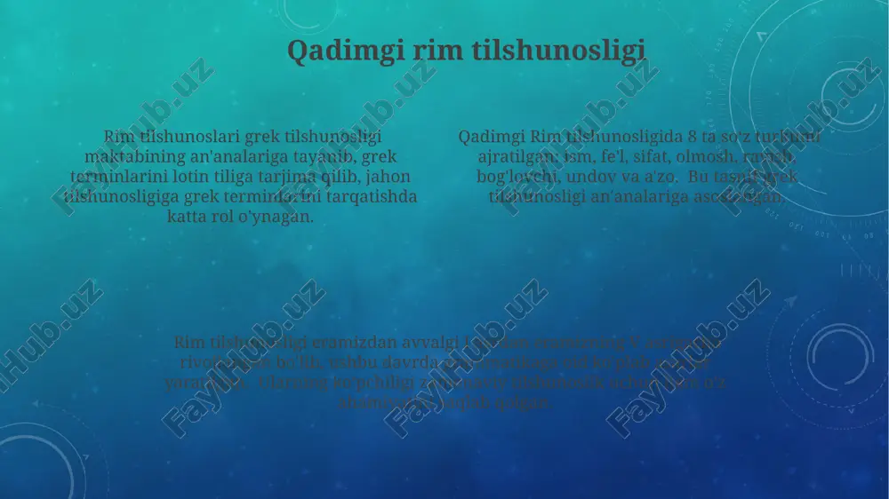 an, fonetika, morfologiya, sintaksis, leksikologiya, semantika va tarixiy lingvistikaga oid masalalarni yoritadi. oʻrta asr arab tilshunosligi oʻrta asr arab tilshunosligida 500 dan ortiq grammatik qoida (sutra)lar mavjud boʻlib, ular fonetika, morfologiya va sintaksis sohalarini qamrab olgan. ibn sinoning “al-asbob fi san’at al-i’rob” asarida 6 bob va kirish mavjud boʻlib, unda tovushlarning paydo boʻlishi, nutq organlarining anatomiyasi va tovushlarning talaffuzi kabi mavzular yoritiladi. mahmud zamahshariyning arab tili grammatikasiga bagʻishlangan “al-mufassal” asari morfologiya va sintaksisni oʻrganishda muhim qoʻllanma sifatida tan olingan. qadimgi yunon tilshunosligi qadimgi yunon tilshunosligi ikki davrga bo'linadi: falsafiy davr (miloddan avvalgi v-iii asrlar) va aleksandriya davri (miloddan avvalgi iii asr – milodiy iv asrlar). falsafiy davrda tilshunoslik falsafa masalalari bilan bog'lanib o'rganildi. qadimgi yunon tilshunosligida arastu (miloddan avvalgi 384-322) ta'limoti alohida o'rin egallaydi. u grammatik masalalarni logika bilan chambarchas bog'lab o'rganadi va nutq ifodalarini 8 ta qismga ajratadi. aleksandriya davrida (miloddan avvalgi iii asr – milodiy iv asrlar) tilshunoslik …