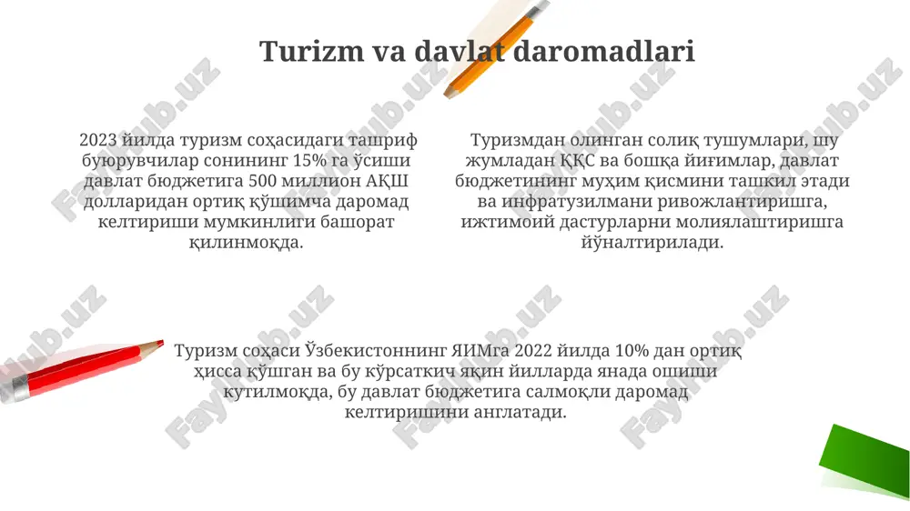 ladi. milliy iqtisodiyotdagi turizmning roli turistlarning o‘rtacha harajatlari milliy yalpi ichki mahsulotga (yaim) 10% dan ortiq hissa qo‘shishi va 5 milliondan ortiq ish o‘rinlarini yaratishini hisobga olsak, turizm o‘zbekiston iqtisodiyoti uchun muhim dastur hisoblanadi. turizm infratuzilmasini rivojlantirishga investitsiyalar, xususan, mehmonxona va transport sohasiga 20% dan yuqori o‘sishni ta’minlaydi, bu esa milliy iqtisodiyotning barqaror rivojlanishiga turtki beradi. 2022-yilda turizm sohasi yaimning 4% ni tashkil etdi, bu o‘zbekiston iqtisodiyotida turizmning o‘sish potentsialini va uning davlat byudjeti daromadlariga ijobiy ta’sirini ko‘rsatadi. import o‘rnini bosuvchi effektlar ham sezilarli. turizmning ekologik ta'siri davlatlarning 15% gacha bo'lgan yalpi ichki mahsuloti turizmdan olinadi, ammo bu ekologik iz qoldiradi, masalan, karbon emissiyasi va chiqindilarning ortishi. havoning ifloslanishi, suv resurslarining kamayishi va tabiiy yashash joylarining yo'qolishi turizmning ekologik oqibatlarining asosiy ko'rsatkichlari hisoblanadi, ba'zi joylarda bu 30% gacha yetishi mumkin. turistlarning ko'p soni (yiliga millionlab) atrof-muhitga salbiy ta'sir ko'rsatadi, biologik xilma-xillikni kamaytiradi va chiqindi miqdorini 20% ga oshiradi. e'tiboringiz uchun …