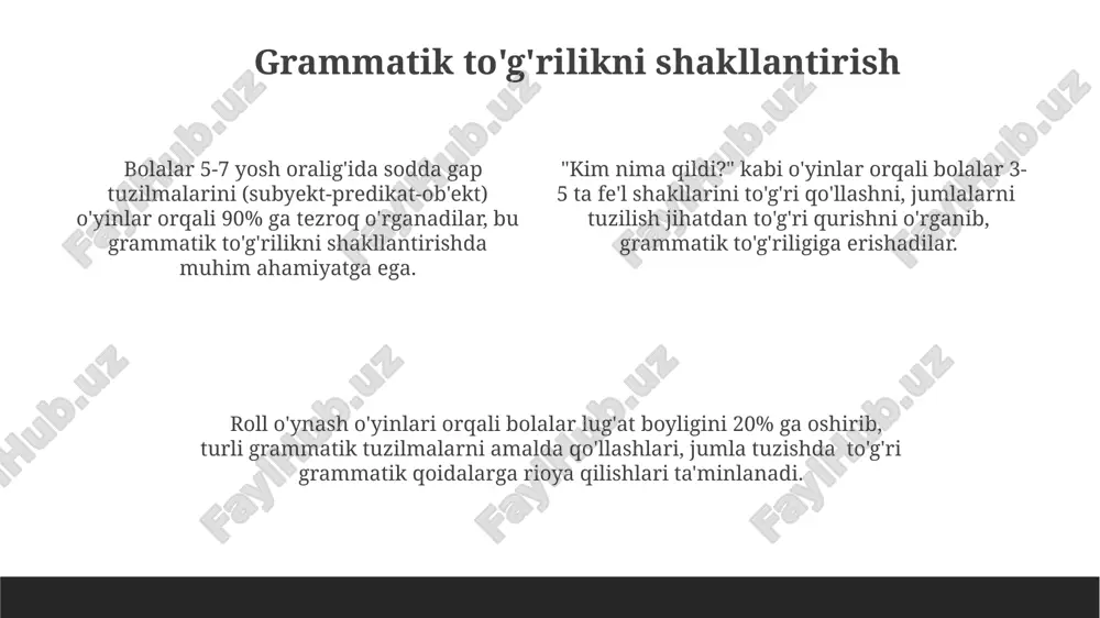 g samaradorligini baholashda 20% bolalarning faol ishtiroki, 40% nutq rivojlanishi va 40% o'yin qoidalari bajarilish darajasi hisobga olinishi mumkin. har bir o'yindan so'ng, 3-5 ta bolaga nutq namunalarini yozib olish va ularning grammatik to'g'riligi, intonatsiya va lug'at zahirasi kabi ko'rsatkichlarni tahlil qilish tavsiya etiladi. o'yin davomida bolalarning nutq faolligini kuzatish uchun 5 ballli shkala yordamida baholash samarali bo'lib, bu ularning so'z boyligi, gap tuzilishi va ifoda etuvchanligini aniqlashga yordam beradi. e'tiboringiz uchun rahmat @taqdimot_robot