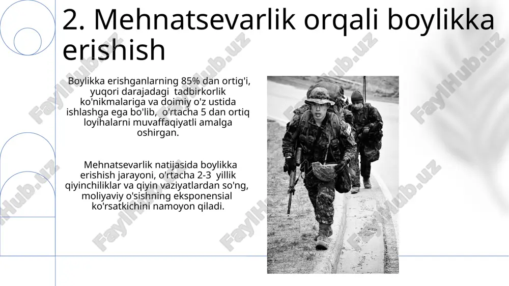 uqori bo'lganlar o‘zbekiston respublikasining mustaqilligi uchun kurashgan 100 dan ortiq faollar, 20 yildan ziyod vaqt davomida tinimsiz mehnat qilib, milliy tiklanishga ulkan hissa qo‘shdilar. sog‘liqni saqlash sohasida 30 yildan ortiq tajribaga ega bo‘lgan shifokorlar jamoasi, 100 000 dan ortiq bemorlarning hayotini saqlab qolishga muvaffaq bo‘lishdi, yuqori professionallik va fidoyilikni namoyon etdilar. 16.yangi avlod uchun namuna bo'lganlar abdurahmon jomiyning "bahoriston" asari, uning 15 asrdagi falsafiy va adabiy fikrlarining chuqurligi, yosh avlodga bilim olish va maʼnaviy kamol topishga erishish yoʻlida izlanishga undadi. alisher navoiyning 50 dan ortiq asarlari, boy adabiy merosi, zamonaviy oʻzbek adabiyotining rivojlanishiga ulkan taʼsir koʻrsatib, avlodlar uchun ijodiy mehnat namunasi boʻlib xizmat qiladi. 17.o'z maqsadini amalga oshirgan insonlar muvaffaqiyatli insonlarning aksariyati “10,000 soatlik qoida”ga amal qilgan holda, o'z sohalarida yuqori malaka va professionallikka erishish uchun uzoq va mashaqqatli mashqlar va o'qitishdan o'tgan. bir qancha tadqiqotlar shuni ko'rsatdiki, maqsad sari intilish jarayonida duch kelingan 3 dan ortiq muvaffaqiyatsizliklar, keyingi muvaffaqiyatlar …