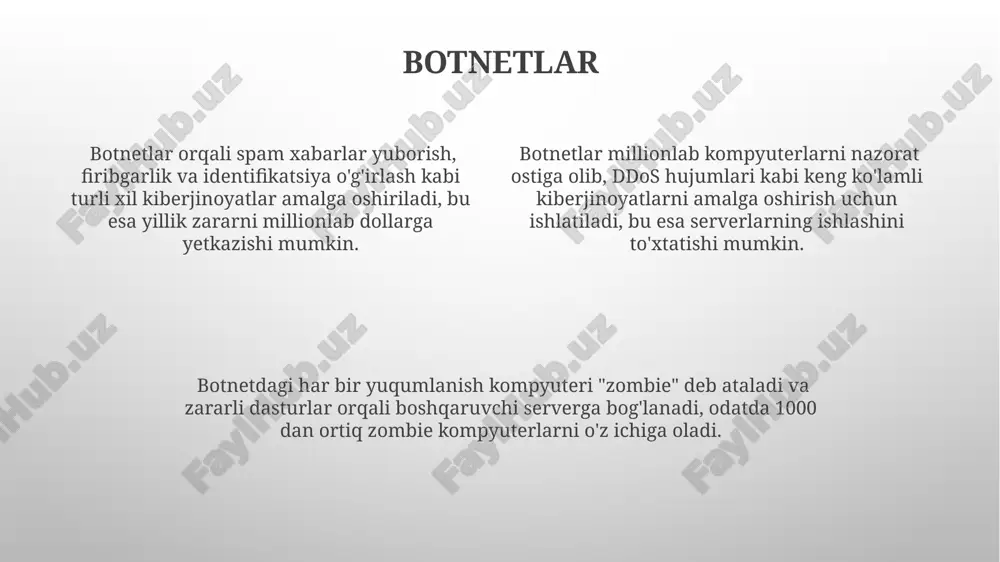 i fayllarni ochmaslik muhimdir. zero-day exploitlar ushbu turdagi zararli dasturlar tez-tez maqsadli hujumlarda, masalan, siyosiy yoki korporativ josuslikda qo'llaniladi, chunki ularning aniqlanish ehtimoli past. zero-day ekspluatatsiyalarining narxi juda yuqori bo'lishi mumkin, ba'zi hollarda bir nechta million dollarga yetishi mumkin, chunki ularning kamyobligi va yuqori samaradorligi tufayli. zero-day ekspluatatsiyalari noma'lum xavfsizlik zaifliklaridan foydalanadi va ularga qarshi himoya dasturlari hali yaratilmagan, shuning uchun 0 kunlik hujumlar juda xavfli hisoblanadi. e'tiboringiz uchun rahmat @taqdimot_robot image1.png image2.png image3.png