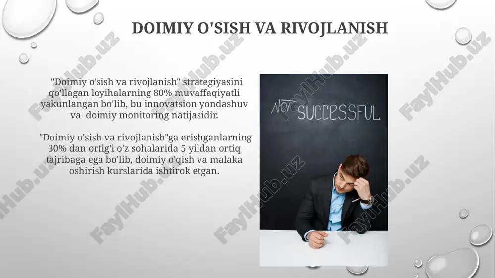 uchun yo'l” loyihasi 2021-yildan buyon 5000 dan ortiq yoshlarga it sohasida kasb-hunar o'rgatish bo'yicha amaliy ko'nikmalarni berishga qaratilgan. loyiha doirasida o'tkazilgan test sinovlari natijalariga ko'ra, ishtirokchilarning 85% dan ortig'i dasturlash bo'yicha asosiy bilimlarga ega bo'lishgan va loyiha tugagandan so'ng ish topishgan. maqsad sari intilish loyiha doirasida 500 dan ziyod ishtirokchilarga biznes rejalarini ishlab chiqish va moliyaviy savodxonlik bo‘yicha treninglar o‘tkazildi, natijada 30% ishtirokchilar o‘z bizneslarini ochishdi. maqsad sari intilishning muvaffaqiyati loyiha jamoasining faolligi va 80% dan ortiq ishtirokchilarning yuqori motivatsiyasi bilan bog'liq. e'tiboringiz uchun rahmat @taqdimot_robot image3.png image4.jpg image5.jpg image6.jpg image7.jpg image8.jpg image9.jpg image10.jpg image11.jpg image12.jpg image13.jpg image14.jpg image15.jpg image16.jpg image17.jpg image18.jpg image19.jpg image20.jpg image1.png