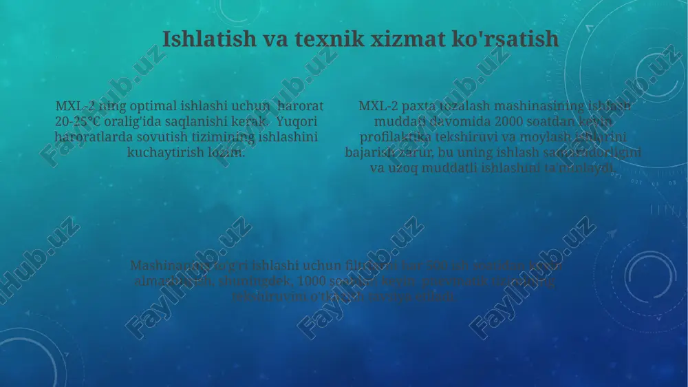 ozalash jarayonida hosil bo'ladigan chiqindi mahsulotlarning 30% gacha qayta ishlanishi mumkin, bu esa atrof-muhit ifloslanishini 15% ga kamaytiradi va 2000 tonna chiqindini qayta ishlashga imkon beradi. kamchiliklarni bartaraf etish va ta'mirlash elektr motorining ishlash parametrlarini muntazam tekshirish (har 100 soatda) va kerak bo'lganda 1500-2000 rpm oralig'ida optimal tezlikni o'rnatish orqali energiya sarfini kamaytirish va nosozliklarni oldini olish mumkin. mashinaning ish unumdorligini pasaytiruvchi asosiy kamchiliklarni bartaraf etish uchun 5-7 kun ichida diagnostika va ta'mirlash ishlarini bajarish tavsiya etiladi, bu esa ish vaqti yo'qotilishini kamaytiradi. mxl-2 paxta tozalash mashinasining 10% dan ortiq aşınmış ehtiyot qismlarini o'z vaqtida almashtirish, 2-3 yilda bir marta profilaktika ta'mirlash ishlarini o'tkazish orqali uzluksiz ishlashini ta'minlash mumkin. e'tiboringiz uchun rahmat @taqdimot_robot image3.png
