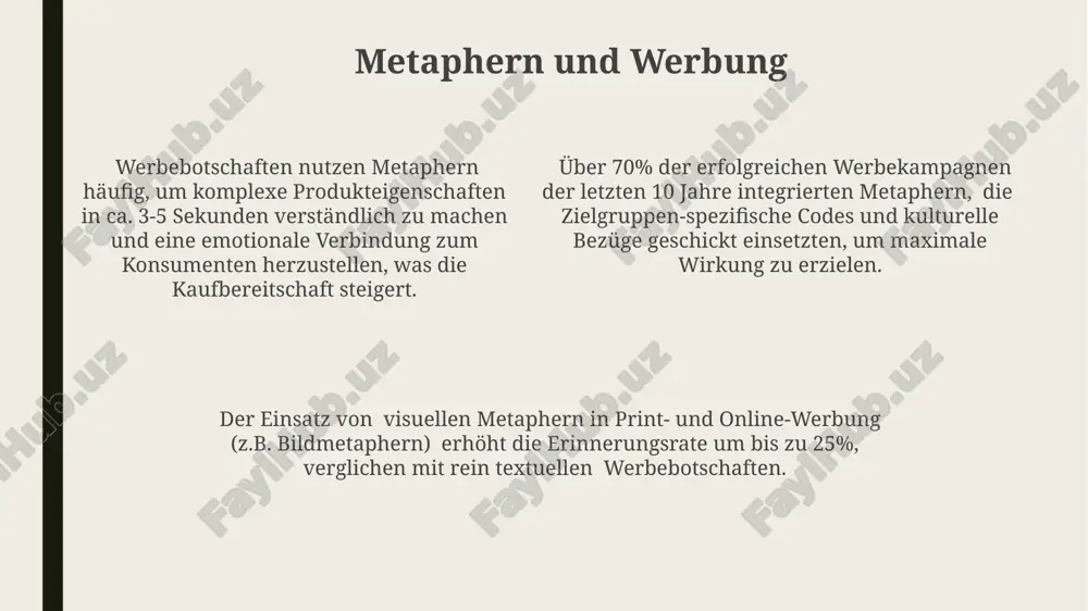 istik untersucht, wie metaphorische konzepte, wie z.b. "argument ist krieg", unsere kognitiven prozesse, einschliesslich unseres urteilsvermögens, strukturieren. was ist eine metapher? metaphern sind rhetorische figuren, die einen impliziten vergleich zwischen zwei semantisch unterschiedlichen bereichen herstellen, wobei mindestens zwei konzepte – das eigentliche und das bildliche – beteiligt sind. im gegensatz zur direkten analogie verzichtet die metapher auf explizite vergleichswörter wie „wie“ oder „als“, wodurch die übertragung von bedeutung und die kreative interpretation beim rezipienten verstärkt werden – mit bis zu 7 möglichen lesarten. eine metapher funktioniert durch übertragung von eigenschaften: sie attribuiert dem eigentlichen thema eigenschaften des bildbereichs, wodurch neue bedeutungsfacetten und assoziationen erzeugt werden – oft mit mindestens 3 impliziten verknüpfungen. kreative verwendung von metaphern eine ausgewogene metaphern-dichte von etwa 1-2 metaphern pro 100 wörtern erzeugt optimale lesbarkeit und verhindert überfrachtung, verbessernd die verständlichkeit um bis zu 10%. die verwendung von mindestens 3 verschiedenen metaphertypen (z.b. personifikation, metapher, metonymie) …