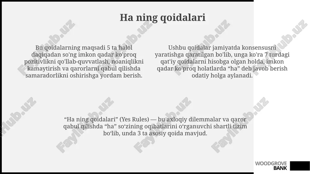 rda yangi 5 ta mahsulotni joriy qilish va 3 ta mavjudini modernizatsiya qilishdan iborat. «ha va innovatsiyalar» yillik budjeti 300 million so'mni tashkil etadi, bu esa 10 ta startapni moliyalashtirishga va 8 ta ilmiy tadqiqotni qo'llab-quvvatlashga imkon beradi. woodgrove bank ha orqali muvaffaqiyat "ha orqali muvaffaqiyat" konsepsiyasi ko'pincha ijobiy tasdiqlashlarga asoslanadi, 100 marta "ha, men qila olaman!" deyish kabi, maqsadga erishish motivatsiyasini kuchaytiradi. ba'zi tadqiqotlar shuni ko'rsatadiki, "ha" so'zini takroriy aytish, ayniqsa 21 kun davomida, odamning o'ziga bo'lgan ishonchini oshirishi va qo'rquvlarni kamaytirishi mumkin. psixologiyada "ha" orqali muvaffaqiyat, fikrlashning o'zgarishi bilan bog'liq bo'lib, 80% ijobiy javoblar orqali ongni muvaffaqiyatga yo'naltirish mumkinligini ta'kidlaydi. woodgrove bank e'tiboringiz uchun rahmat @slaydtayor_bot woodgrove bank