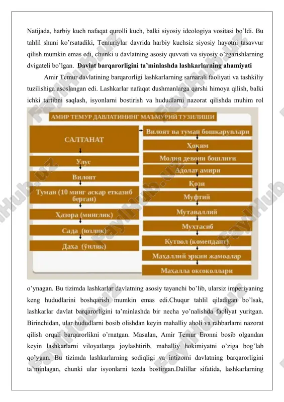 rga joylashtirib, mahalliy hokimiyatni o’ziga bog’lab qo’ygan. bu tizimda lashkarlarning sodiqligi va intizomi davlatning barqarorligini ta’minlagan, chunki ular isyonlarni tezda bostirgan.dalillar sifatida, lashkarlarning ahamiyatini amir temur o’zining yurishlarida ko’rish mumkin. masalan, 1398-yilda hindiston yurishida lashkarlar dehli shahrini bosib olib, keyinchalik hududni nazorat qilish orqali barqarorlikni ta’minlagan. bu yurishda lashkarlar nafaqat jang qilgan, balki bosib olingan hududlarda tartib o’rnatgan, bu esa davlatning kengayishini va barqarorligini ta’minlagan. amaliy misol sifatida, oltin o’rda bilan bo’lgan urushlarda lashkarlarning tez harakatlanishi va strategik joylashuvi orqali amir temur shimoliy tahdidlarni yo’q qilib, davlatning barqarorligini mustahkamlagan.lashkarlarning ahamiyati shu qadar katta ediki, ular davlatning ichki siyosatini ham belgilagan. amir temur lashkarlarni viloyatlarda doimiy joylashtirib, mahalliy rahbarlarni nazorat qilgan, bu esa markaziy hokimiyatni mustahkamlagan.natijada, lashkarlar davlat barqarorligining asosiy elementi bo’lib, ularsiz imperiyaning parchalanishi muqarrar bo’lardi. bu tahlil shuni ko’rsatadiki, lashkarlar nafaqat harbiy, balki siyosiy va ma’muriy vosita bo’lgan. harbiy boshqaruvning ijtimoiy va iqtisodiy asoslari amir temur davlatida harbiy boshqaruv …