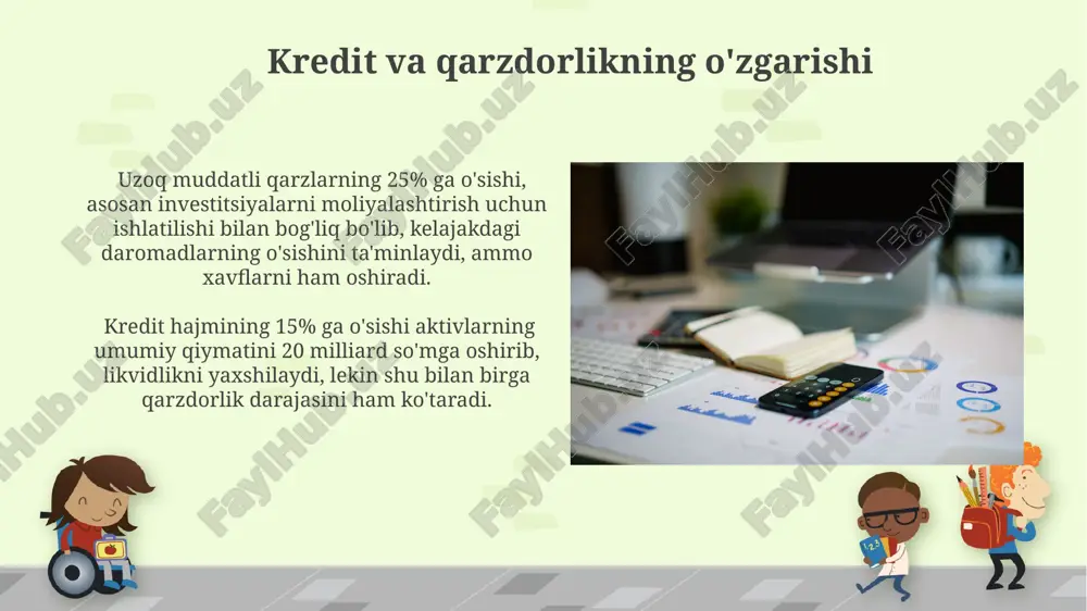 italning kamayishi bilan bir vaqtda sodir bo'lishi mumkin, bu esa balansda aktivlarning qiymatini pasayishiga olib keladi. kapitalning o'zgarishi iqtisodiy tsikllarning 20% ga yaqinini tashkil etadigan investitsiyalar hajmining o'zgarishi bilan bog'liq bo'lib, bu balansdagi aktivlar va majburiyatlarning o'zaro bog'liqligiga ta'sir qiladi. mol-mulk qiymati o'zgarishi valyuta kursining o'zgarishi xorijiy valyutada baholangan mol-mulkning qiymatini o'zgartiradi. masalan, dollar kursi 10% oshsa, dollar bilan baholangan 500.000 $ lik aktivlar balansda 550.000 $ ga teng bo'ladi. mol-mulk qiymati o'zgarishi inflyatsiya darajasi bilan bevosita bog'liq bo'lib, 10% inflyatsiya sharoitida aktivlarning kitob qiymati 100 mln so'mdan 110 mln so'mgacha o'sishi mumkin, bu esa balansda aktivlar qatorini oshiradi. deflyatsiya ta'siri deflyatsiya sharoitida qarz majburiyatlari nominal qiymati o'zgarmay qolsa-da, ularning real qiymati ortadi, bu esa kapitalning o'sishiga va balansdagi egalik kapitalining 5-10% ga ko'tarilishiga olib kelishi mumkin. deflyatsiya sharoitida aktivlarning qayta baholanishi natijasida amortizatsiya miqdori kamayishi mumkin, bu esa balansdagi toza foyda ko'rsatkichini 2-5% ga oshirishi mumkin. e'tiboringiz uchun rahmat …