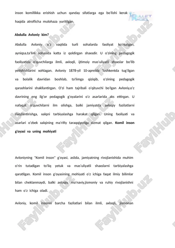 iy mustahkamlikni saqlashni bilishi kerak. ruhiy tarbiya, insonning shaxsiy rivojlanishida va jamiyatda o'z o'rnini topishda katta ahamiyatga ega. komil insonning ruhiy holati uning atrofidagi odamlarga ham ijobiy ta'sir ko'rsatadi va jamiyatda birdamlikni shakllantiradi. komil insonni tarbiyalashda ta'limning o'rni avloniyning komil inson g'oyasini amalga oshirishdata'limning ahamiyati katta. u, ta'lim nafaqat ilmni o'rgatish, balki shaxsni ma'naviy, axloqiy va jismoniy jihatdan ham rivojlantirishnga qaratilgan bo'lishi kerakligini ta'kidladi. komil insonni tarbiyalashda o'qituvchining roli nihoyatda muhimdir. o'qituvchi o'z o'quvchilarini ilm-fan bilan tanishtiribgina qolmay, ularni axloqiy qadriyatlar bilan ham ta'minlashi lozim. o'qituvchilar yoshlarni tarbiyalashda, ularning ilmiy va ma'naviy dunyoqarashlarini shakllantirishda muhim rol o'ynaydi. komil insonni tarbiyalashda o'qituvchining o'rni, uning o'z shaxsiyatini namoyon etish,o'quvchilarga o'zining ijobiy fazilatlarini ko'rsatishdan iboratdir. abdulla avloniy va komil insonning ma'naviy jihatlarini rivojlantirish abdulla avloniy o'zining pedagogik faoliyatida "komil inson" g'oyasini kengaytirgan va bu g'oyani rivojlantirishda ma'naviy tarbiyani o'rganishga alohida e'tibor qaratgan. u o'z asarlarida, komil insonni tarbiyalashda ma'naviyatning asosiy o'rin tutishini ta'kidladi. …
