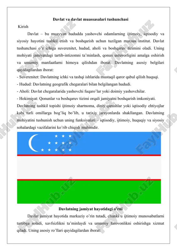 qonun chiqaruvchi, ijro etuvchi, sud) orqali ta’riflangan. amaliy misol: aqshda federal boshqaruv tizimi shtatlar va federal hokimiyat o’rtasidagi muvozanatni ta’minlaydi. o’zbekistonda boshqaruv prezident, oliy majlis va hukumat orqali amalga oshiriladi, bu konstitutsiyaviy monarxiya yoki respublika shaklida bo’lmasdan, respublika tuzumiga asoslangan. davlatning vazifalari va funksiyalari davlatning vazifalari va funksiyalari uning jamiyat oldidagi mas’uliyatini belgilaydi. vazifalar – bu davlatning asosiy maqsadlari, funksiyalar esa ularni amalga oshirish usullari.asosiy vazifalardan biri – xavfsizlikni ta’minlash. bu ichki (tartib, jinoyatchilik bilan kurash) va tashqi (mudofaa) xavfsizlikni o’z ichiga oladi. funksiya sifatida, davlat armiya va politsiya orqali bu vazifani bajaradi. amaliy misol: rossiyaning ukrainadagi harakatlari tashqi xavfsizlik vazifasini bahona qilgan, lekin xalqaro huquq buzilishi natijasida sanksiyalarga duch keldi. o’zbekistonda milliy xavfsizlik strategiyasi orqali bu vazifa amalga oshiriladi, masalan, chegara nazorati va terrorizmga qarshi kurash.ikkinchi vazifa – ijtimoiy-iqtisodiy rivojlanish. davlat iqtisodiy siyosat orqali ish o’rinlari yaratish, ta’lim va sog’liqni saqlashni ta’minlaydi. funksiya sifatida, byudjet taqsimoti va soliq tizimi …