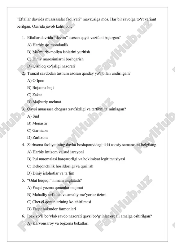 yig‘ish tartibi. 8. zarbxona: tanga zarb etiladigan davlat ustaxonasi. 9. draxma: muomaladagi kumush tanga (turli andozalarda). 10. xazina: davlat daromadlari jamlanadigan moliya ombori. 11. odat huquqi: mahalliy urf-odat va amaliy me’yorlarga tayangan huquq. 12. farmon: hukmdor tomonidan chiqarilgan majburiy hujjat. 13. oqsoqol: mahalla yoki jamoa ishlarini boshqaruvchi yetakchi. 14. viloyat hokimi: markaz nomidan hududni boshqaruvchi amaldor. 15. elchi: tashqi aloqalar va muzokaralarni yurituvchi vakil. 16. sulh: urushni to‘xtatish yoki tinchlik shartnomasi. 17. sovg‘a-salom: diplomatik iliq munosabat va ittifoqni mustahkamlovchi hadya. 18. bactriya yozuvi: idoraviy-huquqiy hujjatlar yuritilgan mahalliy yozuv. 19. monastir: diniy-ma’rifiy markaz; ta’lim va homiylik o‘chog‘i. 20. tranzit savdo: ipak yo‘li orqali o‘tuvchi savdo oqimi va undan tushum. quyidagi 20 ta savol-javob “eftallar davrida muassasalar faoliyati” mavzusiga mos. 1. savol: “devon” nima vazifani bajargan? javob: ma’muriy-moliya ishlarini yuritgan, soliq va sarfni nazorat qilgan. 2. savol: xiroj qaysi manbadan olinadi? javob: yer va hosildan. 3. savol: tranzit savdodan tushum qanday yig‘ilgan? …