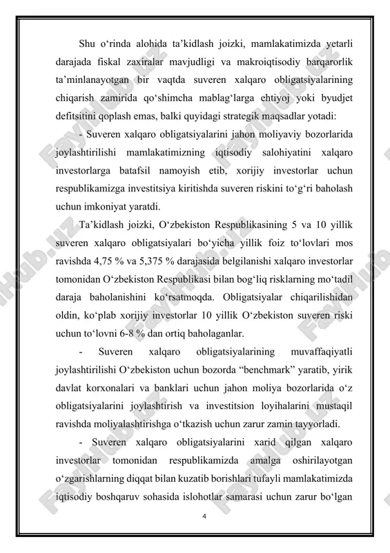 tlari majmuini oʻzida ifodalaydi. moliya bozori xilma-xillikka ega, lekin ularning oldisotdi predmeti bitta – turli xil shakllarda taqdim etiladigan pul hisoblanadi. moliya bozori tarkibiga eng muhim uchta segment kiritiladi: - naqd pul va oʻxshash funksiyalarni bajaruvchi qisqa muddatli toʻlov vositasi sifatida bir yilgacha muddatda muomalada boʻladigan vositalar (cheklar, solo-veksellar, akkreditivlar va boshqalar) bozori; - ssuda kapitali bozori, ya’ni uzoq va qisqa muddatli kreditlar bozori – kredit bozori; - qimmatli qogʻozlar bozori – fond bozori. koʻpincha, moliya bozori ikkita segmentga pul bozori va kapital bozoriga boʻlinadi. moliya bozori amal qilishining obyektiv zarurligini xoʻjalik subyektlarining pul mablagʻlariga boʻlgan talab va bu talabni qoplash uchun manbalarning har doim ham mos tushavermasligi bilan izohlash mumkin. amaliyotda boʻsh pul mablagʻlari kapital egasi (investor) qoʻlida boʻlsa, bozorning boshqa bir subyekti, ya’ni emitentda pul mablagʻlariga boʻlgan talab yuzaga keladi. boʻsh pul mablagʻlarini vaqtinchalik qayta taqsimlash uchun moliya bozoridan foydalaniladi. moliya bozorining funksional vazifasi pul mablagʻlarini egasidan (investordan) …