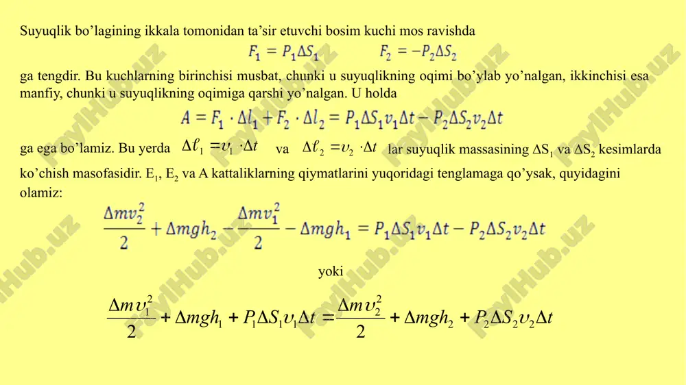 ’tishni xarakterlaydi. nisbatga kinematik yopishqoqlik deyiladi. havo, suv yoki har qanday muhitda shar bir tekisda, ya’ni laminar ravishda harakatlanadi. agar reynolds soni shar diametrining kattalashishi yoki oqim tezligi oshganligi tufayli kritik qiymatdan oshsa, uyurmalar paydo bo’ladi. bionika sohasi bo’yicha mutaxassislar ko’pgina hayvonlar uchun reynolds sonini hisoblab topganlar. kattalik reynolds soni 100 dan kichik bo’lganda e’tiboringiz uchun rahmat! image1.png image2.png image3.png image4.png image5.png image6.png image7.png image8.png image9.png image10.png image11.wmf image12.wmf image13.wmf image17.png oleobject3.bin image14.png image15.png image16.png oleobject1.bin oleobject2.bin image18.wmf image19.wmf image20.wmf oleobject6.bin image21.png oleobject4.bin oleobject5.bin image22.png image23.png image24.wmf image25.wmf oleobject7.bin oleobject8.bin image26.png t d × = d 1 1 u l t d × = d 2 2 u l t s p mgh m t s p mgh m d d + d + d = d d + d + d 2 2 2 2 2 2 1 1 1 1 2 1 2 2 u u u u …