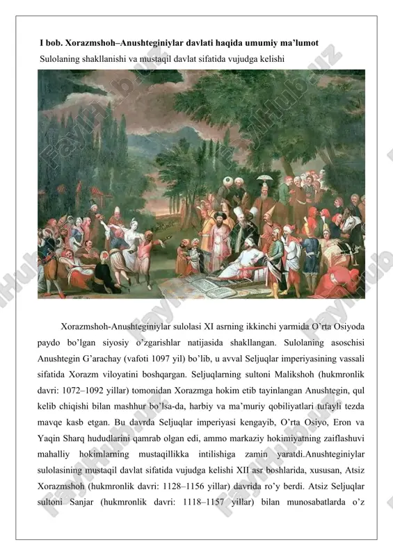 kmronlik davri: 1156–1172 yillar) va takash (hukmronlik davri: 1172–1200 yillar) davrlarida sulola hududlarini kengaytirdi. takashning eron va movarounnahrga yurishlari natijasida xorazmshohlar davlati seljuqlarning vorislari sifatida kuchaydi.sulolaning cho’qqisi muhammad ii xorazmshoh (hukmronlik davri: 1200–1220 yillar) davrida bo’ldi, u "ikkinchi iskandar" laqabini olgan. uning hukmronligi ostida davlat hududi movarounnahr, eron, afg’oniston va hatto hindiston shimoliy qismlarigacha cho’zildi. ammo bu kengayish ichki ziddiyatlarni kuchaytirdi va 1219–1221 yillardagi mo’g’ullar bosqini davlatning parchalanishiga olib keldi. jaloliddin manguberdi (vafoti 1231 yil) oxirgi urinishlarni qildi, lekin muvaffaqiyatsiz. shu tariqa, anushteginiylar sulolasi vassallikdan mustaqillikka o’tish jarayonida markazlashgan davlat tuzumini shakllantirdi, bu esa devon tizimining rivojlanishiga zamin yaratdi.tahlil qiladigan bo’lsak, sulolaning shakllanishi o’rta osiyo siyosiy landshaftidagi o’zgarishlar bilan bog’liq. seljuqlar imperiyasining parchalanishi mahalliy sulolalarga imkoniyat berdi, ammo bu jarayon harbiy kuchga asoslangan edi. amaliy misol sifatida atsizning sanjar bilan to’qnashuvlarini keltirish mumkin: 1141 yilda atsizning qo’zg’oloni bosilgan bo’lsa-da, u keyinchalik xorazmni mustaqil boshqarishga muvaffaq bo’ldi. bu voqealar sulolaning mustaqillikka …