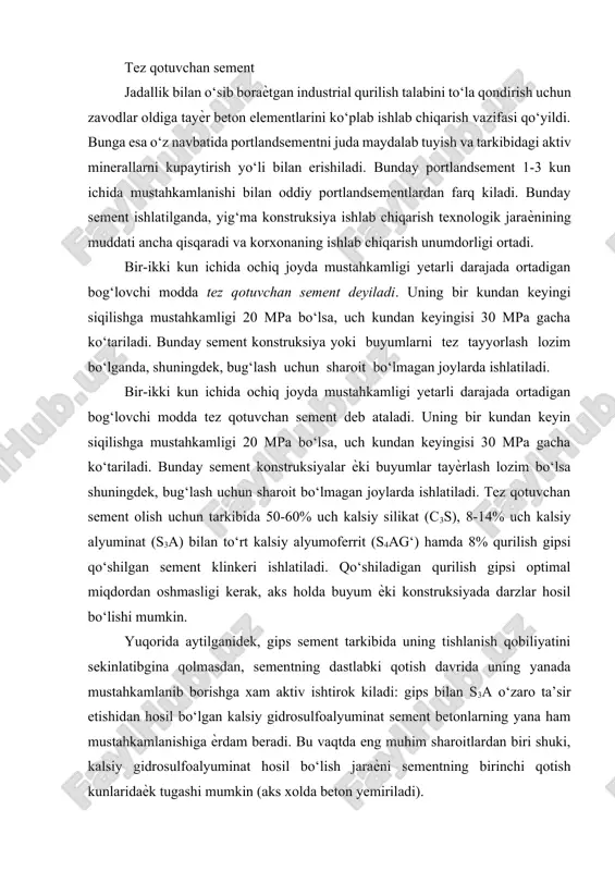 kunlaridaѐk tugashi mumkin (aks xolda beton yemiriladi). kalsiy gidrosulfoalyuminatning hosil bo‘lish tezligi sementning qanchalik mayda tuyilganligi va gipsning erish darajasiga, erish darajasi esa o‘z navbatida uning modifikatsiyasiga bog‘liq. gips qo‘shilma sifatida yarim molekula suvli caso4∙0,5h2o ѐki ikki molekula suvli caso4∙2h2o ko‘rinishda ishlatiladi. birinchisining eruvchanligi ikkinchisinikiga nisbatan 5 marta ko‘p. demak, sementga yarim molekula suvli gips qo‘shish ko‘proq foydali ekan. zavod sharoitida ikki molekula suvli gips ishlatish mumkin. sementni shar tegirmonlarda tuyganda u juda qizib ketadi va shu issiqlik ta’siridan ikki molekula suvli gips suvsizlanib, yarim molekula suvli gipsga aylanadi. gips qo‘shimcha ravishda tuyilgan sementga qo‘shilsa, masalan, ikkinchi marta tuyganda (amalda yig‘ma temir-beton zavodlarida shunday qilinadi) yarim molekula suvli gips qo‘shgan ma’qul. biroq sement zavodlarida hamma vaqt tarkibida c3s va c3a aralashmasi ko‘p bo‘lgan sement ishlab chikarib bo‘lmaydi, bu xom ashѐ sifatiga, ѐqilgi va texnologik jaraѐnni tashkil etishga bog‘liq. sementni juda maydalab tuyish ham iqtisodiy jixatdan foydali emas. ammo shu bilan …