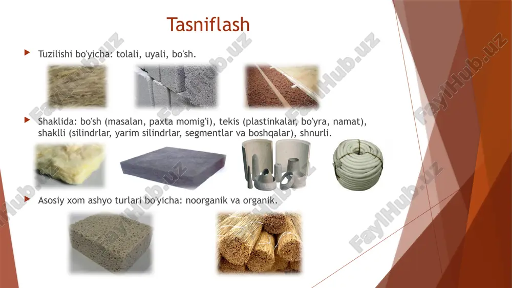 ımına erishiladi. pechkada havo hajmining 80% ni egallaydi. shuning uchun tolali taxta eng yuqori toifadagi issiqlik izolyatsiyalovchi materialdir. fibrolit fibrolit - bu yupqa, tor yog'och talaşlaridan (yog'och paxta) va noorganik bog'lovchi komponentdan (qoida tariqasida, buning uchun portlend tsement ishlatiladi, ba'zan magneziya bog'lovchisi) tayyorlangan plitka materialidir. noorganik qo'shimchalar tufayli tolali taxta yuqori yong'inga chidamliligi, biologik va kimyoviy qarshilikka ega. yuqori namlik sharoitida, masalan, basseynlar joylashgan xonalarni davolash uchun foydalanish mumkin. polivinilxlorid ko'pik polivinilxlorid ko'pik - gözenekli polivinilxlorid qatronlari tomonidan ishlab chiqariladi. u 56,8% gacha kombinatsiyalangan xlorni o'z ichiga oladi, bu uning polistirolga nisbatan kam yonuvchanligini ta'minlaydi va uni kam yonuvchan va kam alangali material sifatida tasniflash imkonini beradi. issiqlik izolyatsiyasi uchun polivinilxlorid ko'piklaridan foydalanilganda, polimerning qisman parchalanishi natijasida hosil bo'lishi mumkin bo'lgan vodorod xloridning chiqishi natijasida izolyatsiyalangan metall yuzalarning korroziyasi paydo bo'lishi mumkin. shuning uchun, bu materiallar bepul hcl tarkibi uchun sinovdan o'tkaziladi . qattiq va yumshoq polivinilxlorid mavjud bo'lib, u …