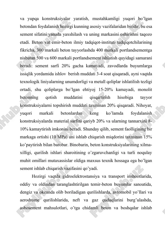 i, o’tga chidamli beton va boshqalar ishlab chiqarishda maxsus sementlar keng ishlatilmoqda. bulardan tashqari, ular har qanday ob-havo sharoitida, yilning turli faslida ishlatilishi mumkin. qurilish taraqqiyoti qurilish usullarini yanada takomillashtirish va avvaldan ishlatilib kelingan ayrim qurilish materiallari o’rniga yangi qurilish materiallari ishlab chiqarishni talab etadi. maxsus sementlar yaratish va ularni ishlab chiqarish sementshunoslik fani va texnologiyasining jadal su’atlarda rivojlanishiga olib keladi. o’zining kimyoviy va minerologik tarkibiga ko’ra bir-biridan farqlanadigan bunday sementlarga ehtiyoj yildan-yilga o’sib bormoqda. shu ehtiyojni hisobga olib, o’zbekiston olimlari sement sanoatchilari bilan hamkorlikda mahalliy homashyo sifatida o’rta osiyo respublikalari uchun zarur bo’lgan maxsus sementlar yaratib, ularni ishlab chiqarishga tavsiya etdilar. mahsulotning fazilati gipsli bog’lovchi moddalar kuydirilgan gips toshini mayda qilib tuyib olinadi.gips toshi asosan tarkibida ikki molekula suv bo’lgan kaltsiy sulfat caso*2ho dan iborat.gips toshining pishirilish haroratiga va sharoitiga qarab qurilish gipsi,juda mustahkam gips hamda angidrit tsement (gips) hosil bo’ladi. gips monomineral bog’lovchi moddalarga kiradi. qurilishda uning eng …