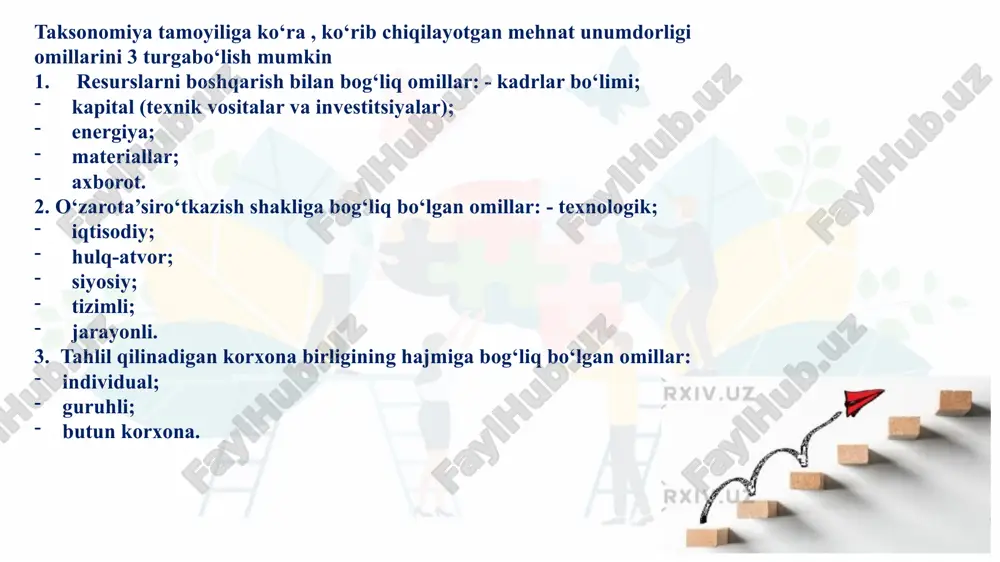 l darajada boshqarish lozimdir. unga asosiy jihatlar, ya’ni insonga sanitariya-gigiena sharoitini yaratish, mehnatga ta’sir etuvchi xavfsizlikni ta’minlash, mehnatning mazmundorligini ta’minlash, mehnat taqsimotiga rioya qilish, mehnat davomida insondagi aqliy-jismoniy kuchni rivojlantirish imkoniyatlarini yaratish, mehnat tashkilotida muhim bo‘lgan meyordagi sotsial munosabatlarni shakllantira bilish, boshqaruv madaniyatini shakllantirish, xodimlarni motivatsiyalovchi turli iqtisodiy, ijtimoiy rag‘batlar turkumini yaratish, eng asosiysi – xodimlarning o‘z mehnatidan qoniqish darajasini hosil qilishga erishishdir. mehnat unumdorligini doimo oshib borishini ta’minlovchi yagona mexanizmlari va texnologiyasini yaratish lozim. buni yaratish uchun kompleks usullar, texnologiyalar va jihozlarni qo‘llashni taqozo etadi. bular jumlasiga sotsiologik tadqiqot usullari, mexanizmlari va sotsial texnologiya jarayonlari hamda majmuaviy matematik-statistik usullarni qo‘llash kiradi. natijada, mehnat unumdorligining yagona ilmiy-amaliy universal boshqaruv tizimi yuzaga keladikim, bu orqali mehnat unumdorligini ilmga asoslangan va doimo o‘ sib borishini ta’minlash mumkin bo‘ladi. bunday model va tizimni har bir mamlakat hududining o‘ziga mos sharoitlariga, resurslariga, texnika va texnologiyalariga asoslangan holda yaratiladi. e’tiboringiz uchun rahmat image1.png image2.png image3.png …