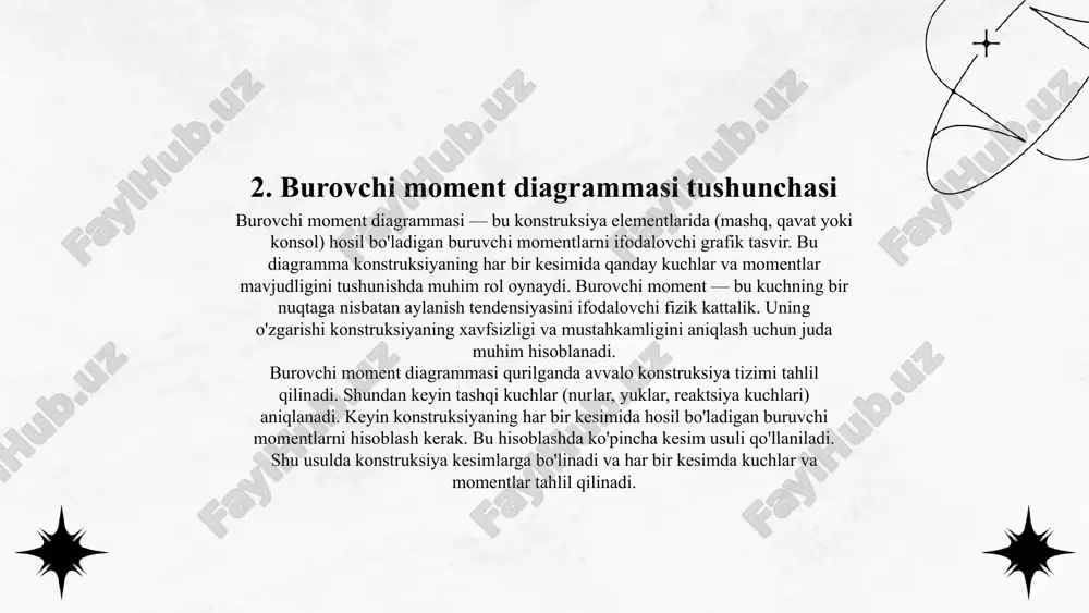aydi. bunda kuchlarning yo'nalishi ham hisobga olinadi. 9. silliq va to'g'ri chiziqli epyuralar ko’ndalang kuch va burovchi moment diagrammalari (epyuralar) konstruksiyaning xavfsizligi va o’lchamlarini aniqlashda muhim ahamiyatga ega. bu diagrammalar qurilma elementlariga ta’sir qiluvchi kuchlar va momentlar har qanday kesimda qanday tarzda taqsimlanishini ko’rsatadi. epyuralar yordamida konstruksiya qanday nuqtada eng katta stressga duch keladi, shu sababli tashqi kuchlarning ta’siri ostida qanday reaksiyalarga ega bo’lishi ham aniqlanadi. silliq epyuralar — bu ko’ndalang kuch yoki burovchi momentning boshlang’ich va oxirgi nuqtalari orasidagi o’zgarishini ifodalovchi diagrammalar. ular odatda to’g’ri chiziqli yoki egri chiziqli ko’rinishda bo’ladi. silliq epyuralar konstruksiya elementlarining o’lchamlarini aniqlashda ham foydalaniladi. 10. yengil konstruksiya misollari ko’ndalang kuch va burovchi moment diagrammalari (epyuralari) konstruksiyaning eng muhim qismlaridan biri hisoblanadi. bu diagrammalar konstruktsiya elementlariga ta'sir qiluvchi kuchlarni va momentlarni tushunishda hamda konstruksiyaning xavfsizligini tekshirishda yordam beradi. 11. bir qatlamli sistemalar analizi ko’ndalang kuch va burovchi moment diagrammalari (epyuralar) konstruksiyaning xavfsizligini va tashqi ta'sirlardan …