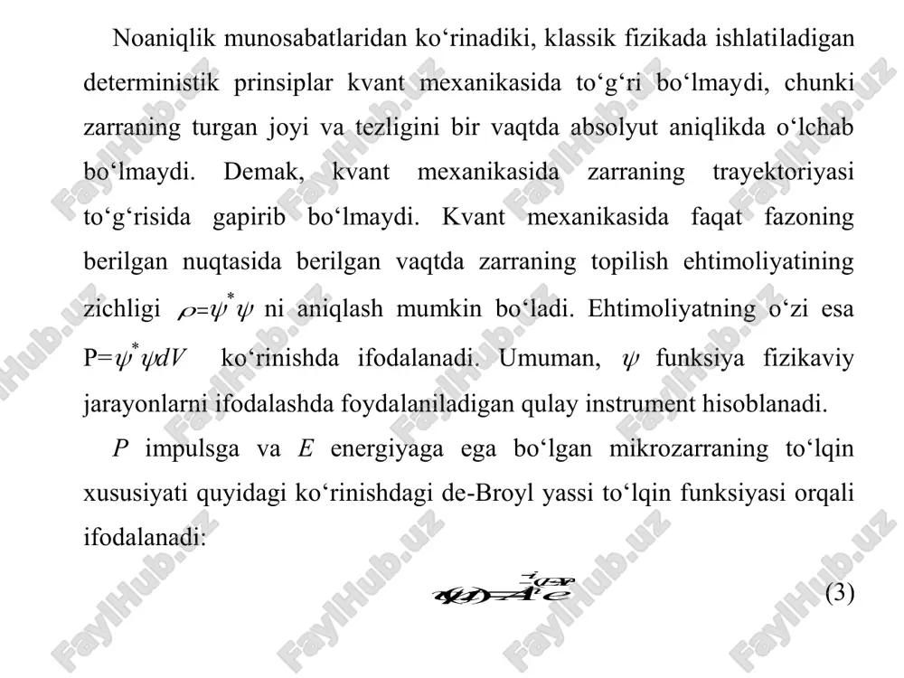siga quyidagich a ta’rif beradi: to‘lqin funksiyasi ehtimoliyat interpretatsiyasiga ega va uning modulining kvadrati  2 fazoning berilgan nuqtasida va berilgan vaqtda zarraning topilish ehtimoliyatiga proporsional bo‘ladi. zarraning topilish ehtimoliyati maydon intensivligi kuchli bo‘lgan sohada katta bo‘ladi. zarraning dx uzunlik elementida topilishining ehtimoliyati quyidagicha ifodalanadi: dxp *  . bu ifodaga normalash qoidasini qo‘llab quyidagi formulani hosil qilish mumkin: 1 *     dx , (1) yoki umumiy holda zarraning dv=dxdydz hajm elementida topilish ehtimoliyatini quyidagicha yozish mumkin: 1 *         dv , (2) (1) va (2) formulalar to‘lqin funksiyasini normalash sharti deyiladi va zarraning mavjudligini, fazoning qaysidir biror nuqtasida bo‘lishini ko‘rsatadi. bunday normalash xususiy qiymatlarning spektri diskret bo‘lganda to‘g‘ri bo‘ladi. xususiy qiymatlarning spektri uzluksiz bo‘lganda,  2 dan olingan integral cheksizlikka aylanadi, shuning uchun xusu siy qiymatlar uzluksiz bo‘lganda boshqa normalash shartidan foydalaniladi. noaniqlik munosabatlaridan ko‘rinadiki, klassik fizikada ishlati ladigan …
