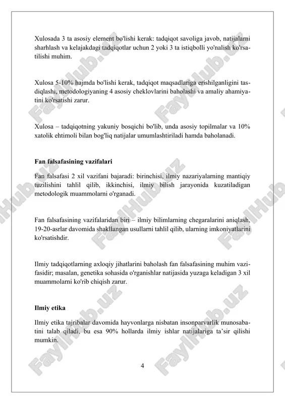 chunki noaniqlik saqlanib qoladi. soxtalashtirish 1934-yilda popper tomonidan ilgari surilgan bo'lib, u ilmiy nazariyalar hech qachon to'liq tasdiqlanmasligini, lekin faktlarga zid kelish orqali rad etilishi mumkinligini ta'kidlagan. ilmiy bilishning tuzilishi ilmiy bilish jarayoni induksiya (xususiy holatlardan umumiy xulosalar chiqarish) va deduksiya (umumiy qoidalardan xususiy holatlarga o'tish) kabi mantiqiy usullarni qo'llaydi. ilmiy bilishning tuzilishi gipotezalar (taxminiy izohlar) va modellar (soddalashtirilgan tasvirlar) kabi vositalardan foydalanadi, ular dalillarni tushuntirishga yordam beradi. ilmiy bilish tuzilishi empirik kuzatuvlar (1-daraja), faktlar (2-daraja), qonuniyatlar (3-daraja) va nazariyalarni (4-daraja) o'z ichiga oladi. fan falsafasining ahamiyati fan falsafasi fan taraqqiyotining 20-asr oʻrtalaridagi jadal oʻsishi davrida paydo boʻldi va fanning bilish nazariyasi va metodologik asoslarini o'rganadi. fan falsafasi fanning chegaralarini, 30 dan ortiq ilmiy bilimlarning tuzilishini, tasdiqlash mezonlarini va ilmiy qonunlarning tabiatini tahlil qiladi hamda aniqlaydi. fan falsafasining ahamiyati ilmiy bilimlarning 4 asosiy tuzilishini ko'rsatib beradi, uning rivojlanish tendensiyalarini, metodologik muammolarini o'rganishga yordam beradi. fan falsafasining tarmoqlari fan falsafasining epistemologiya …