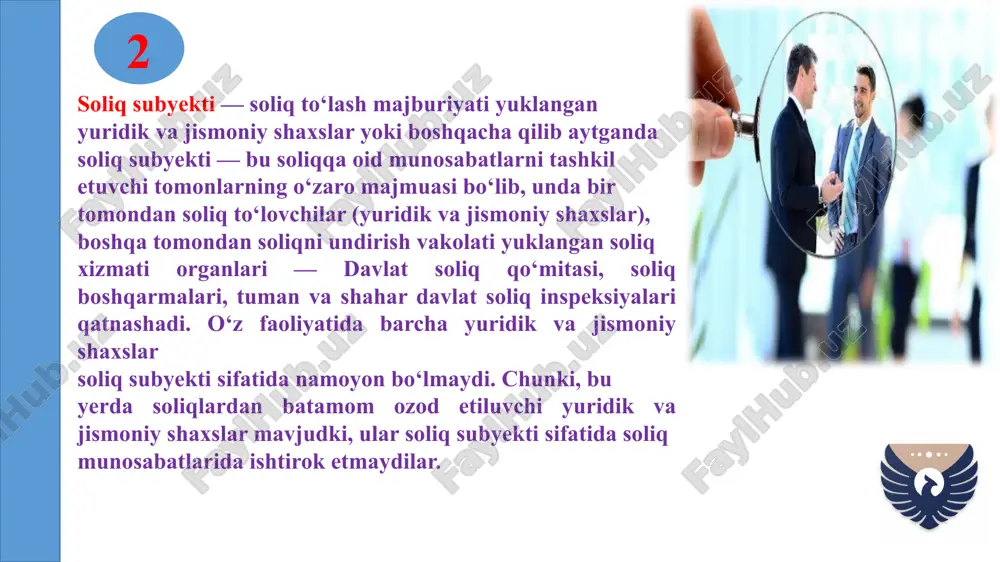 avlat budjetiga tushadigan soliqlar: 1) qo‘shilgan qiymat solig‘i; 2) aksiz solig‘i; 3) foyda solig‘i; 4) jismoniy shaxslardan olinadigan daromad solig‘i; 5) yer qa’ridan foydalanganlik uchun soliq; keyingi tahrirga qarang. 6) suv resurslaridan foydalanganlik uchun soliq; 8) ijtimoiy soliq. 6 egri soliqlar bilvosita soliq agentlari orqali undirilib beriladi: 1) mol-mulk solig‘i; 2) yer solig‘i; 7 image1.png image2.png image3.png image4.png image5.png image6.png image7.png image8.png image9.png image10.png image11.png