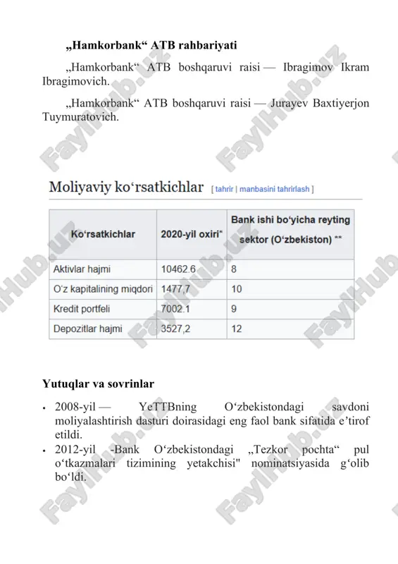 irishga xizmat qiladi. investitsiya portfeli davlat qimmatli qog'ozlari bank investitsiya portfelida davlat qimmatli qog'ozlari - o'zbekiston respublikasi moliya vazirligining obligatsiyalari, markaziy bankining qisqa muddatli notalar etakchilik qiladi. ushbu aktivlar bank likvidligini saqlash va tavakkalchilikni boshqarish uchun muhim vositadir. korporativ qimmatli qog'ozlari bank tomonidan xususiy kompaniyalarning xususiy qimmatli qog'ozlari ham jalb qilinmoqda. ushbu investitsiyalar bank tomonidan ishlab chiqarilgan maxsus tahlil modellariga asoslanib amalga oshiriladi va bank portfelining barqaror daromadlar manbaini ta'minlaydi. chet el qimmatli qog'ozlari bank valuta tavakkalchiliklarini boshqarish maqsadida chet el qimmatli qog'ozlariga ham investitsiyalar amalga oshirmoqda. ushbu investitsiyalar bank aktivlari tarkibida 5-7 foizni tashkil etadi. risklar boshqaruvi kredit riski bank tomonidan kredit riskini boshqarishning samarali tizimi joriy etilgan. bu kreditlash jarayonlarini takomillashtirish, kreditlar sifatini monitoring qilish va etarli zaxiralarni yaratish orqali amalga oshiriladi. likvidlik riski bank likvidlik pozitsiyasini muntazam baholash va etarli likvidlik zaxiralarini saqlab turish orqali likvidlik riskini samarali boshqaradi. omonatlar va boshqa mablag'larning shart-sharoitlari hamda jadalligini tahlil …
