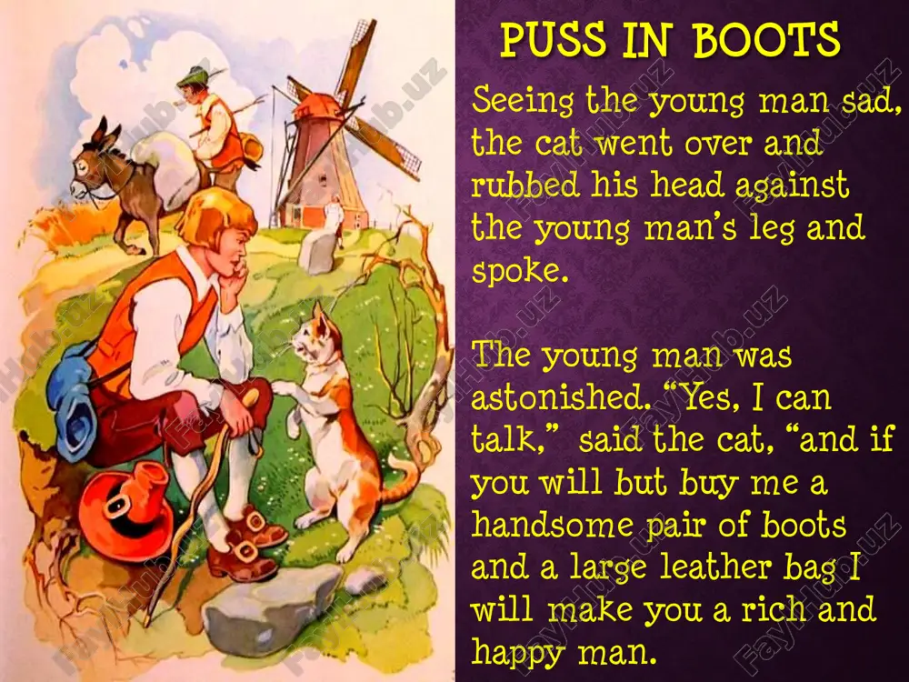 e marquis de carrabas, his wife, the princess, and puss in boots, all lived, in the ogre’s castle, happily ever after. puss in boots "puss in boots", is a european literary fairy tale about a cat who uses trickery and deceit to gain power, wealth, and the hand of a princess in marriage for his penniless and low-born master. published in 1697 the end puss in boots "puss in boots", was written in french at the close of the seventeenth century by charles perrault (1628–1703). it appeared in a handwritten and illustrated manuscript two years before its 1697 publication by charles perrault published in 1697 all the illustrations used in this production are pd or cc. other classic books classic fairy stories