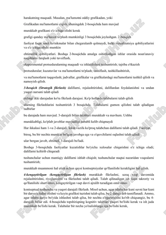 larni yig'ish va ko'rsatish" va "ma'lumotlarni solishtirish". bu amallar bir nechta narsani bildiradi qadam. misol uchun, ma'lumotlarni solishtirish uchun ob'ektlarni birinchi identifikatsiyalash xususiyatlarini talab qiladi ob'ektlarni yig'ish va keyin tartiblash yoki buyurtma qilish. ba'zi harakatlar fe'llari, masalan "tushuntirish", "ta'riflash" yoki "talqin qilish" turli darajalarda tasniflanishi mumkin harakatning maqsadi. masalan, ma'lumotni oddiy grafikadan, yoki grafikadan ma'lumotlarni o'qish, shuningdek 2-bosqichda ham mavjud murakkab grafikani o'z ichiga olishi kerak grafigi qanday ma'lumot to'plash mumkinligi 3 bosqichda joylashgan. 2-bosqich faoliyat faqat sonli ko'nikmalar bilan chegaralanib qolmaydi, balki vizualizatsiya qobiliyatlarini va o'z ichiga olishi mumkin ehtimollik qobiliyatlari. boshqa 2-bosqichda amalga oshiriladigan ishlar orasida noan'anaviy naqshlarni farqlash yoki tavsiflash, eksperimental protseduralarning maqsadi va ishlatilishini tushuntirish; tajriba o'tkazish protseduralar; kuzatuvlar va ma'lumotlarni to'plash; tasniflash, tashkillashtirish, va ma'lumotlarni taqqoslash; jadvallar, grafikalar va grafikalardagi ma'lumotlarni tashkil qilish va namoyish qilish. 3-bosqich (strategik fikrlash) dalillarni, rejalashtirishni, dalillardan foydalanishni va undan yuqori narsani talab qiladi oldingi ikki darajadan ko'ra fikrlash darajasi. …