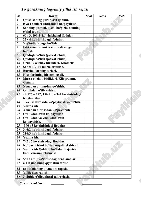 ol, masalalarni yechishlariga qarab o‘quvchilar baholanadi. mashg’ulotning maqsadi: a) ta’limiy: o‘quvchilarning 0 va 1 sonlari ishtirokida ko‘paytirish, aylana va doira bo‘yicha 2-sinfda olgan bilim va ko‘nikmalarini mustahkamlash. b) tarbiyaviy: ona vatanimizga, milliy qadriyatlarimizga bo'lgan muhabbatni o'stirish, ularni mehnatsevarlik ruhida tarbiyalash. c) rivojlantiruvchi: hamkorlikda ishlash malakasini shakllantirish. kutilayotgan natijalar: 0 va 1 sonlari ishtirokida ko‘paytirish qoidalarini puxta egallash, ularga doir misollar yecha olish, aylana, doira, ularning markazi, radiusi va diametri haqida tushunchaga ega bo‘lish, ularning radiusi va diametrini o’lchay olish. mashg’ulotning borishi: i.tashkiliy qism: salomlashish; davomatni tekshirish; to’garakning maqsadini aytish. ii.o’tgan mavzuni so’rash va mustahkamlash. uyga vazifa tekshirib chiqiladi. og’zaki savol –javob o’tkazaman. iii.yangi mavzu bayoni: 55-misolning yechilishi, 0 va 1 sonlari ishtirokida ko‘payti-rish qoidalari tushuntiriladi. 56-misol og‘zaki yechiladi. 57-masalaning yechilishi: 1-usul: 1) dilnoza uzgan gullar - 7 -3 = 21 (ta); 2) hamma uzilgan gullar - 7 + 21 = 28 (ta). 2-usul: 7 + 7- 3 = 7 + …