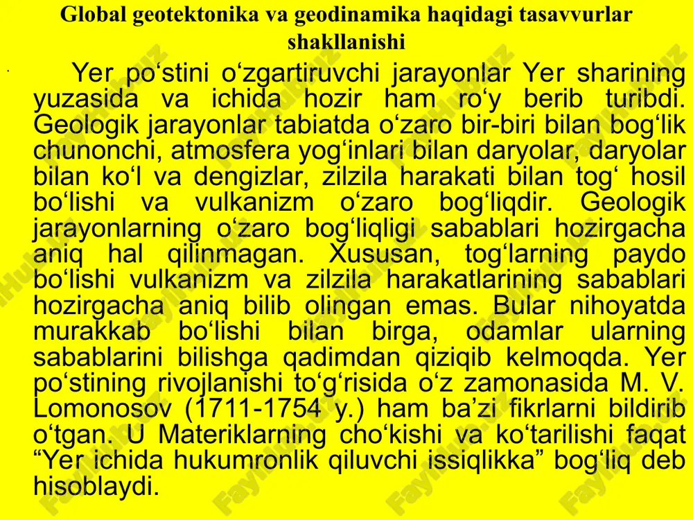 d joyi geoidning eng botiq va eng chiqqan o’rniga to‘g‘ri keladi; 3. okean osti dastlab bazaltdan tarkib topgan bo‘lib, past-baland, tulqinsimon tuzilgan. dengiz ostining ko‘tarilgan qismlari janubi-sharqqa tomon va ekvator tomonga yo‘nalgan; 4. yer yuzasidagi eng katta pastbalandliklar uning eng chiqqan joyiga ekvatorial oblastga to‘g‘ri keladi, qutblarga tomon relyef tekislana boradi. 5. yer po’stining geologik tuzilishini biz faqat quruqlikdagi qisminigina o‘rganishimiz mumkin. uning stratigrafiyasi, rel’efining tuzilishi geologiyaga va geologiyaga yaqin fanlarga asosiy ob’ekt bo‘lib hisoblanadi. qattiq po’stining rivojlanishi yer po’sti massasi bilan atmosferaning o‘zaro murakkab munosabatiga bog’liqdir. boshqacha qilib aytganda, yerning birlamchi kosmik yuzasidan tarixiy geologik hodisalar yig‘indisi natijasida yer po‘stining qisqarishi va qattiq po’stining burmalanishi planetada geologik bosqichning boshlanishini belgilaydi. okean tubi relyefi dunyo okeani tubi yirik litosfera plitalaridan tashkil topgan. lekin ular materiklar bilan birga yaxlit litosfera plitalarini tashkil etganligi uchun materiklar nomi bilan ataladi. faqat tinch okean tubi mustaqil litosfera plitasi tariqasida ajratiladi. okean tublarida daryo, dengiz …