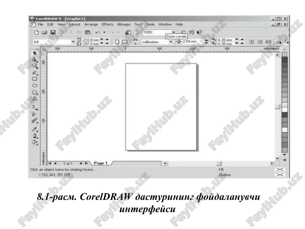 tos (fotografii), 3dmodels (trexmernie modeli) panellari - dastur bilan birgalikda o'rnatilgan komrakt disklar bilan ishlash (cdrom). • ftp sites (sayti ftp) paneli - ftp saytlarini saqlash va katta massivli ma'lumotlarni ko'chirish uchun ular bilan tez bog'lanish. agarda yuqorida ko'rsatilgan menyuda qandaydir buyruq bo'lmasa u holda menyuni (menu) parametrlar (options) yordamida qo'shish mumkin (8.7-rasm). 8.7-rasm. parametrlar (options) oynasi interfeysni saqlash va o'zgartirish. coreldraw dasturi interfeysini foydalanuvchi o'zi xohlaganday qilib rostlashi va uni xotirada saqlash imkoniyati bor. uning uchun quyidagi amallar bajariladi: menyuning (tools) dan ortsii (options) buyruq tanlanadi va ochilgan muloqot oynasidan interfeys (worksrace) tanlanadi. yangi. (new) tugmasi ekranga yangi interfeysni (new worksrace) yoritadi. yangi interfeysni (new worksrace)da interfeysning yangi parametrlarini kiritish uchun foydalaniladi; masalan, nom-maydoniga yangi interfeys nomi (name of new worksrace) kiritiladi va yangi interfeysni joriy qilish uchun belgi (set as current) qo'yiladi (8.8-rasm). hujjatlarni xotirada saqlash. coreldraw dasturida hujjatlarni xotirada bir nechta usul bilan saqlash mumkin. menyuning fayl …