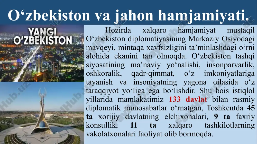 zbekiston va jahon hamjamiyati. konsepsiyada quyidagi qoidalar muhrlab qo‘yildi: “o‘zbekiston o‘zini qo‘shni davlatlardagi qurolli ziddiyatlarga tortilishining oldini olish maqsadida tegishli choralarni ko‘radi; o‘z hududida xorijiy davlatlarning harbiy bazalari va obyektlari joylashtirilishiga yo‘l qo‘ymaydi; o‘zbekiston respublikasi qurolli kuchlari xorijdagi tinchlikparvarlik operatsiyalarida ishtirok etmaydi”. o‘zbekiston va mdh davlatlari o‘zbekiston tashqi siyosatining diqqat markazida mustaqil davlatlar hamdo‘stligi doirasidagi mamlakatlar bilan o‘zaro teng manfaatli aloqalarni mustahkamlash bo‘ldi. 1991-yil 8-dekabrda belorus, rossiya va ukraina rahbarlari minskda uchrashib mustaqil davlatlar hamdo‘stligiga asos soldilar. 1991-yil 21-dekabrda ozarbayjon, armaniston, belorus, qozog‘iston, qirg‘iziston, moldova, rossiya, tojikiston, turkmaniston, o‘zbekiston va ukraina davlatlari boshliqlari almatida uchrashib, mustaqil davlatlar hamdo‘stligiga a’zo bo‘lib kirdilar. o‘zbekiston va mdh davlatlari 1993-yil yanvarda minskda mdh davlatlari boshliqlarining navbatdagi kengashida mdhning nizomi qabul qilindi. 1993-yil dekabrda ashxabod shahrida mdh davlatlari boshliqlarining kengashi bo‘lib, unda gruziya mdhga a’zo etib qabul qilindi. shu munosabat bilan mdhning tarkibi 12 davlatga yetdi. 1994-yil oktabrda moskvada o‘tkazilgan mdh davlat boshliqlarining kengashida davlatlararo …