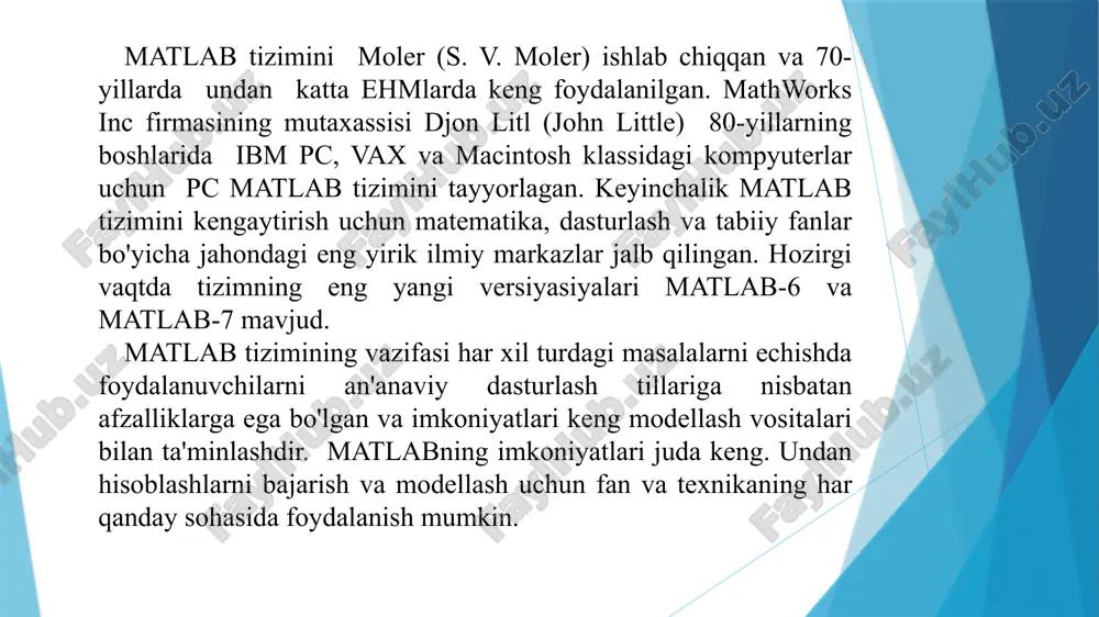 isi = ishlatiladi ( ko'pgina boshqa dasturlash tillari va matematik tizimlarda qabul qilingan tarkibiy belgi := emas); chiqarish satrlarida » belgisi bo'lmaydi; biriktirilgan funktsiyalar (masalan, sin) kichik harflar bilan yoziladi, ularning argumentlari yumoloq qavs ichida ko'rsatiladi; dialog «savol berildi, javob olindi» tarzida kechadi; misol uchun yuqoridagi rasmda 2+3 ifodani va sin(i) ni hisoblash keltirilgan. bunday sodda misollardan ham quyidagi xulosalarga kelish mumkin: boshlang'ich ma'lumotlarni kiritishni ko'rsatish uchun » simvolidan foydalaniladi; ma'lumotlar oddiy matn tahrirlagichi yordamida kiritiladi; ifodani hisoblash natijalarini chiqarishni blakirovka qilish (vaqtincha to'xtatib turish) uchun undan keyin ; belgisini (nuqta vergul) qo'yish kerak; agar hisoblash natijalari uchun o'zgaruvchi ko'rsatilmagan bo'lsa matlabning o'zi ans o'zgaruvchisini tayinlaydi; o'zlashtirish belgisi sifatida matematiklar uchun odatiy bo'lgan tenglik belgisi = ishlatiladi ( ko'pgina boshqa dasturlash tillari va matematik tizimlarda qabul qilingan tarkibiy belgi := emas); chiqarish satrlarida » belgisi bo'lmaydi; biriktirilgan funktsiyalar (masalan, sin) kichik harflar bilan yoziladi, ularning argumentlari yumoloq qavs ichida ko'rsatiladi; …