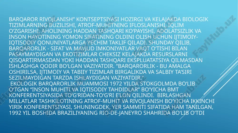 h va havoni tozalash tizimlarini ishlab chiqish, binolarda qayta tiklanadigan energiyadan foydalanish va resurslarni tejaydigan hamda energiya samaradorligini oshiradigan loyiha tamoyillarini qo‘llashni o‘z ichiga oladi. yashil transport: transport sanoatidagi yashil innovatsiyalar elektr va gibrid transport vositalarini, muqobil yoqilg‘ilarni, samarali harakatni boshqarish tizimlarini, jamoat transportini va issiqxona gazlari chiqindilarini kamaytiradigan va havo sifatini yaxshilaydigan boshqa yechimlarni ishlab chiqishni o‘z ichiga oladi. yashil innovatsiyalar zamonaviy jamiyat ehtiyojlarini hisobga oladigan va kelajak avlodlar uchun atrof-muhitni muhofaza qiladigan barqaror va ekologik toza iqtisodiyotni yaratishda muhim rol o‘ynaydi. bu ilm-fan, texnologiya va ekologik barqarorlik sohasidagi hozirgi tendentsiyalarning faqat bir qismidir. doimiy izlanishlar va innovatsiyalar bizga yanada barqaror va ekologik mas’uliyatli kelajakka intilishimizga yordam beradi. mamlakatmizda tarkibiy o‘zgartirishlarni chuqurlashtirish, ekologiya va iqtisodiyotning bazaviy tarmoqlarini modernizatsiyalash va diversifikatsiyalash hamda hududlarni bir maromda ijtimoiy-iqtisodiy rivojlantirishga qaratilgan kompleks chora-tadbirlar amalga oshirilmoqda. bugungi kunda iqlimning o‘zgarish sharoitida samarali, resurs tejamkor va ekologik xavfsiz iqtisodiyotni ta’minlashda o‘zaro bog‘liq muammolar va ehtiyojlar …