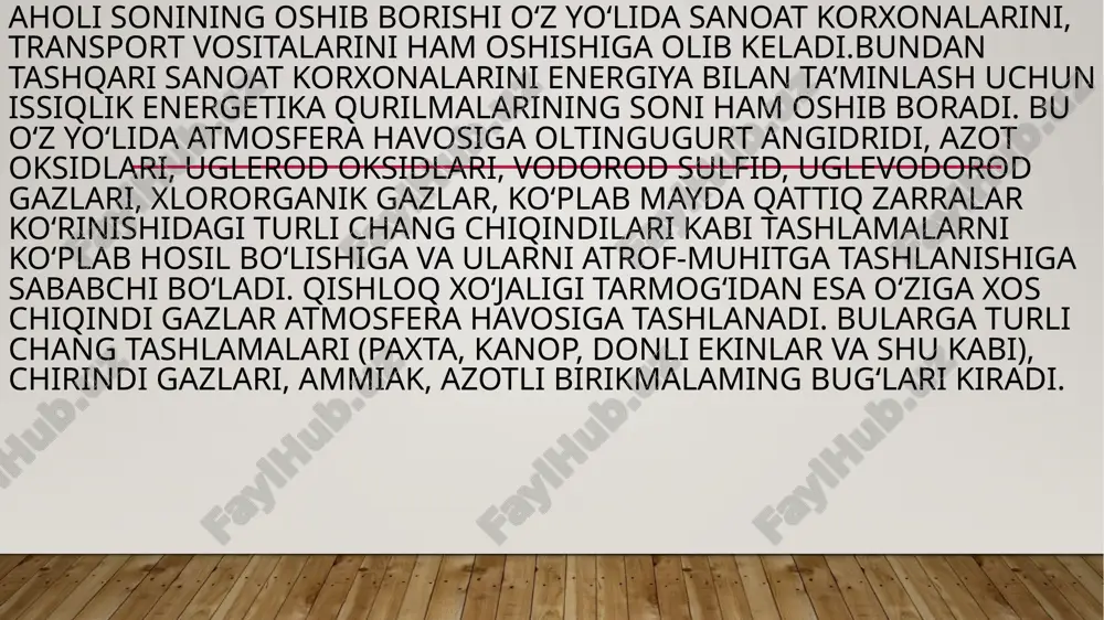 yoki potentsial zarar yetkazish xavfini tug‘dirishi mumkin bo‘lgan chiqindilar. xavfli chiqindilar , o‘z navbatida, xavfli sinflarga ko‘ra tasniflanadi: birinchi xavfli sinf o‘ta xavfli, xavfning ikkinchi toifasi – xavfli, uchinchi xavf toifa-si – o‘rtacha xavfli, xavfning to‘rtinchi toifasi - past xavfli . chiqindilarning xavflilik darajasini va xavfli chiqindilarning xavflilik sinfini belgilash chiqindilarning atrof-muhitga, fuqarolarning sog‘lig‘iga, mulkiga (toksiklik, patogenlik, portlash xavfi, yong‘inga xavfli, yuqori reaktivlik va bosh.) xavfli xususiyatlarini aniqlash asosida amalga oshiriladi. zararsizlantirish jarayonida turg‘un organik ifloslantiruvchi moddalar hosil qilish va chiqindilarning boshqa xavfli xususiyatlari mavjud. ayniqsa, xavfli chiqindilar inson salomatligi va atrof-muhitga zarar yetkaza-digan, shuning uchun maxsus ishlov berish va yo‘q qilishni talab qiladigan chiqindilardir. bular yadroviy, radioaktiv, shuningdek zaharli chiqindilar bo‘lib, ularning asosiy qismi kimyo va neft sanoati tomonidan chiqariladi. mumkin bo‘lgan hollarda chiqindilar ikkilamchi moddiy resurslar va boshqa ishlab chiqarish va iste’mol chiqindilariga tasniflanadi. quyidagi turdagi chiqindilarni ikkilamchi moddiy resurslar sifatida tasniflaymiz:  mahsulot ishlab chiqarish jarayonida hosil …