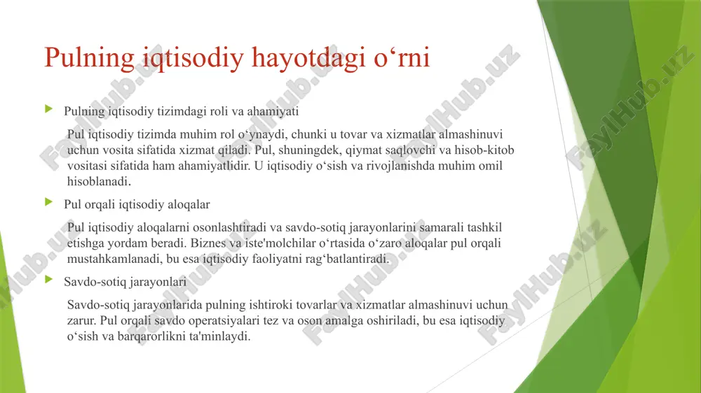 atsiz, to'liq raqamli va shifrlangan bo'lishidir. pulning asosiy vazifalari almashinuvi oson pulning birinchi vazifasi almashinuvi oson qilishdir. bu funktsiya pulning tovarlar va xizmatlar bilan almashinuvi jarayonini soddalashtiradi, bu esa iqtisodiy faoliyatni tezlashtiradi. qiymatni saqlash pulning ikkinchi vazifasi qiymatni saqlashdir. bu funktsiya insonlarga o‘zlarining moliyaviy resurslarini vaqt o‘tishi bilan saqlab qolish imkoniyatini beradi, ya'ni pul kelajakda xaridlar uchun ishlatilishi mumkin. hisob-kitob pulning uchinchi vazifasi hisob-kitobdir. bu funktsiya iqtisodiy faoliyatda tovarlar va xizmatlarning qiymatini belgilash uchun bir birlik sifatida xizmat qiladi, bu esa iqtisodiy jihatdan aniq va samarali hisob-kitoblarni amalga oshirish imkonini beradi. /docprops/thumbnail.jpeg